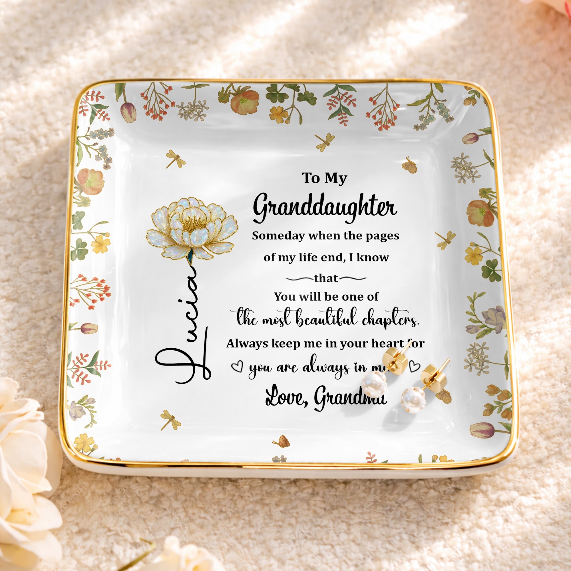 To My Granddaughter, Beautiful Life Chapters, Flowers - Personalized Custom Jewelry Dish, Ceramic Dish, Square Shape - GDT567_SCRF