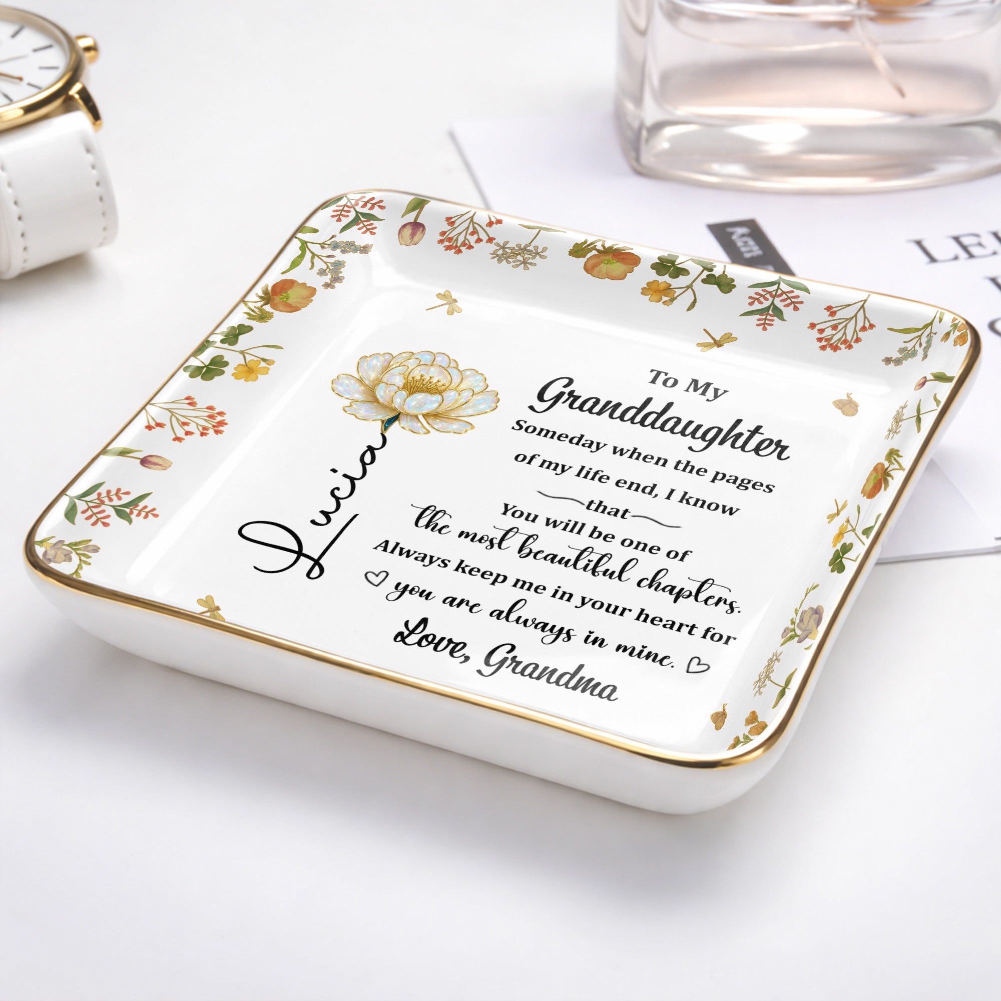 To My Granddaughter, Beautiful Life Chapters, Flowers - Personalized Custom Jewelry Dish, Ceramic Dish, Square Shape - GDT567_SCRF