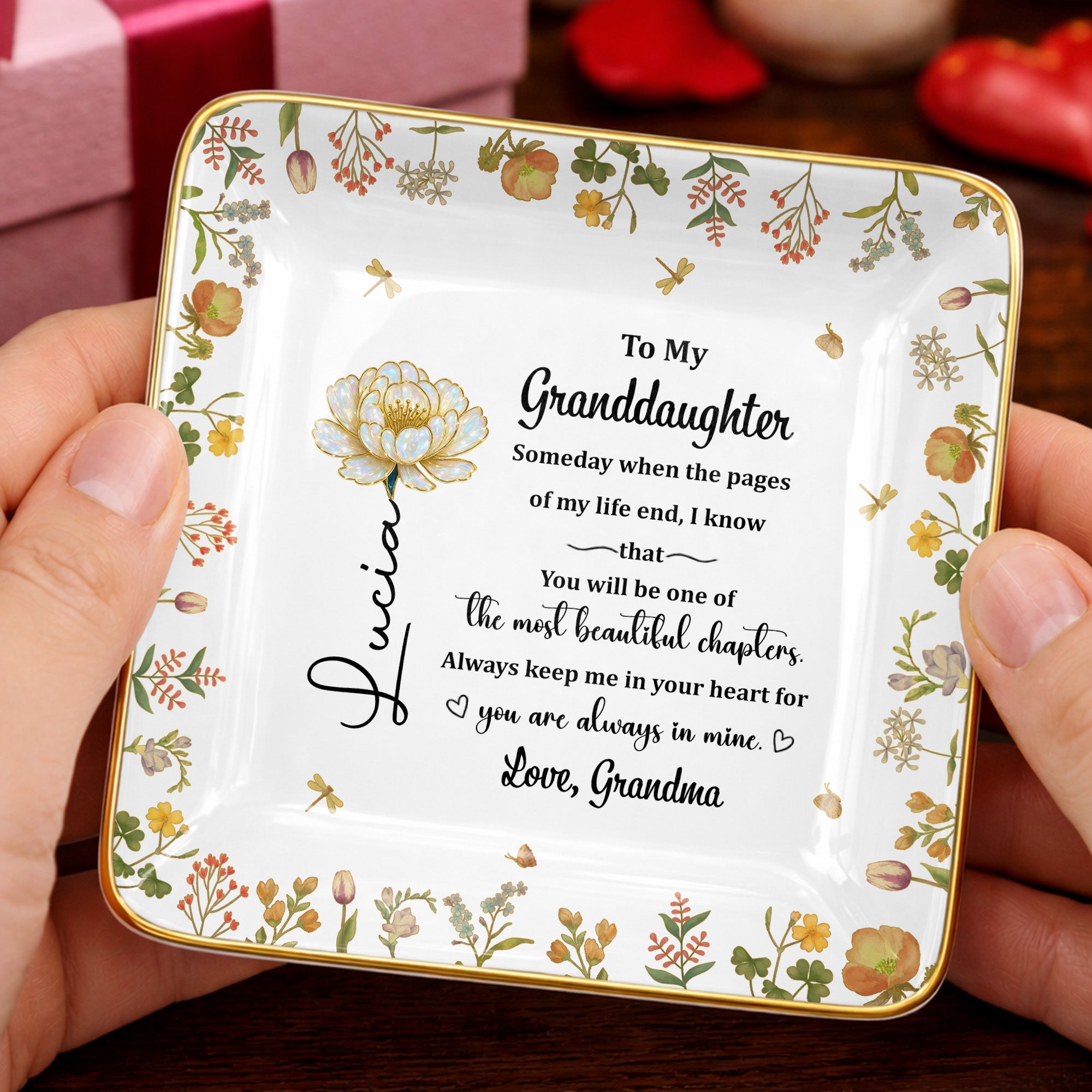 To My Granddaughter, Beautiful Life Chapters, Flowers - Personalized Custom Jewelry Dish, Ceramic Dish, Square Shape - GDT567_SCRF