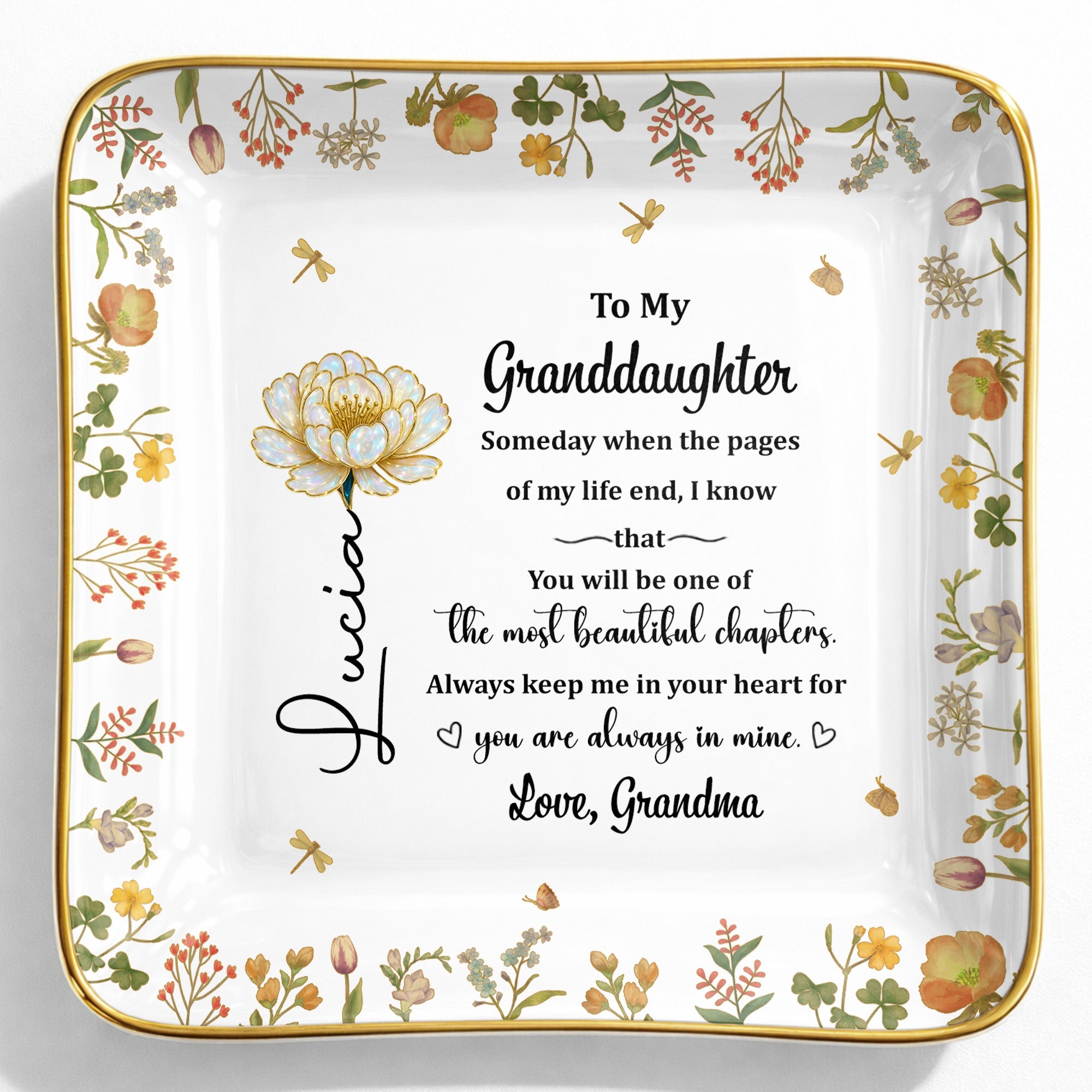 To My Granddaughter, Beautiful Life Chapters, Flowers - Personalized Custom Jewelry Dish, Ceramic Dish, Square Shape - GDT567_SCRF