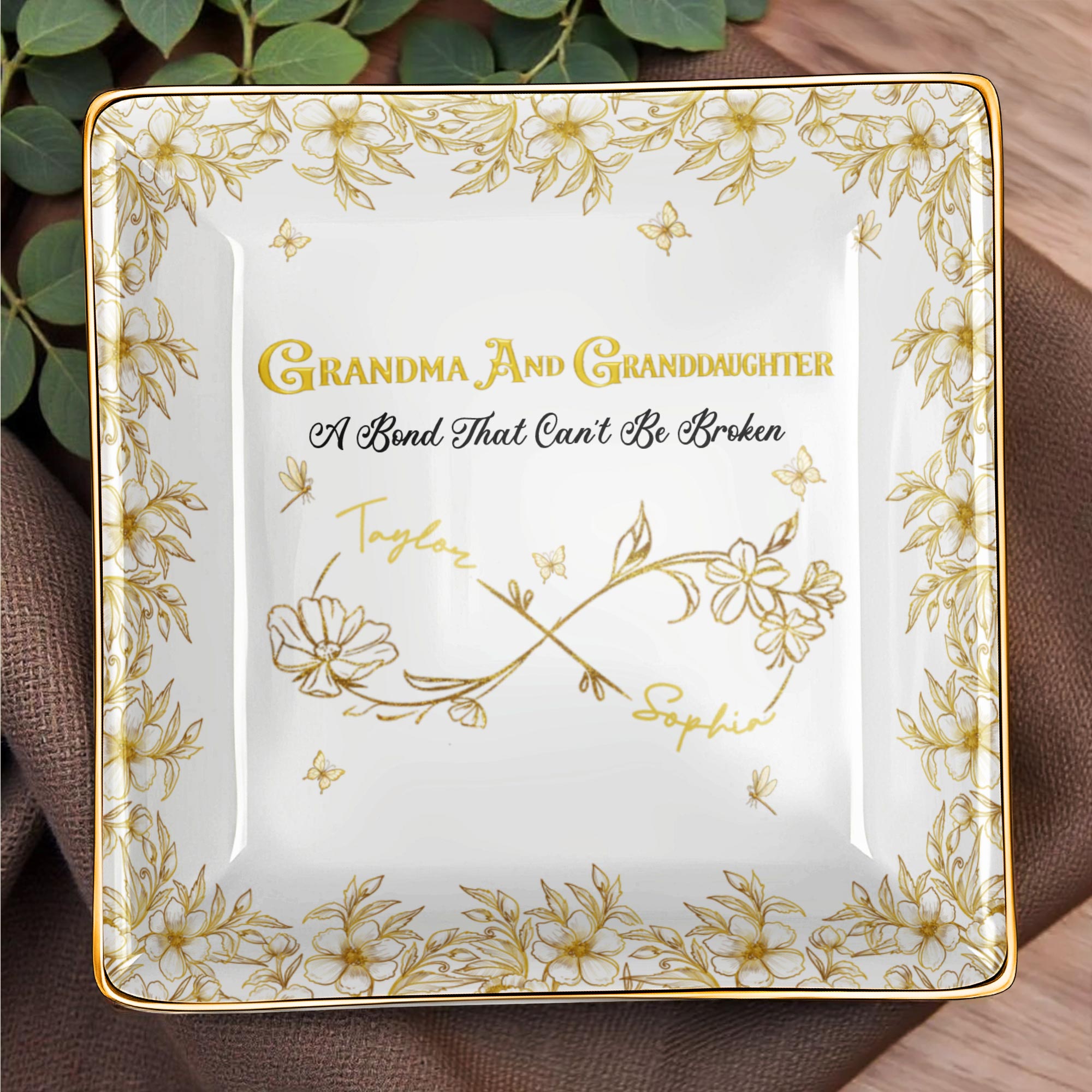 Grandma And Granddaughter, A Bond That Can't Be Broken, Flowers - Personalized Custom Jewelry Dish, Ceramic Dish, Square Shape - GDT568_SCRF
