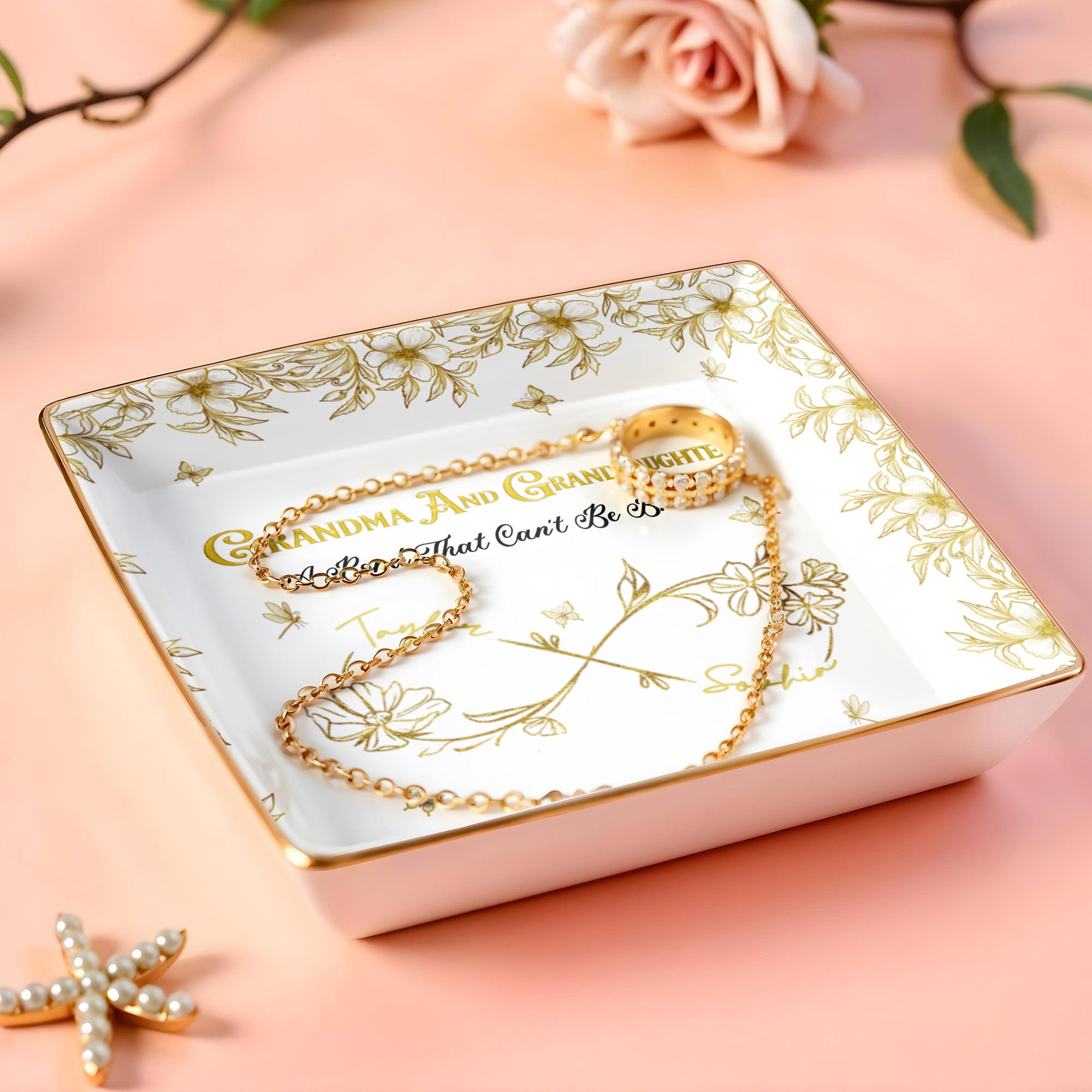 Grandma And Granddaughter, A Bond That Can't Be Broken, Flowers - Personalized Custom Jewelry Dish, Ceramic Dish, Square Shape - GDT568_SCRF