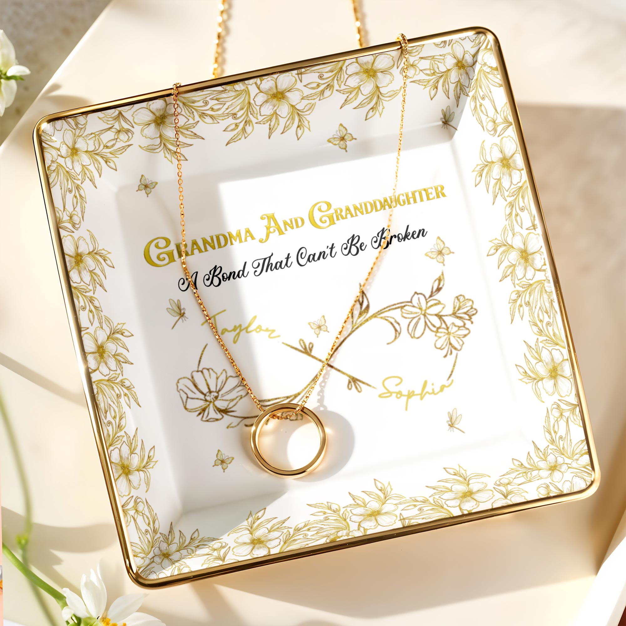 Grandma And Granddaughter, A Bond That Can't Be Broken, Flowers - Personalized Custom Jewelry Dish, Ceramic Dish, Square Shape - GDT568_SCRF