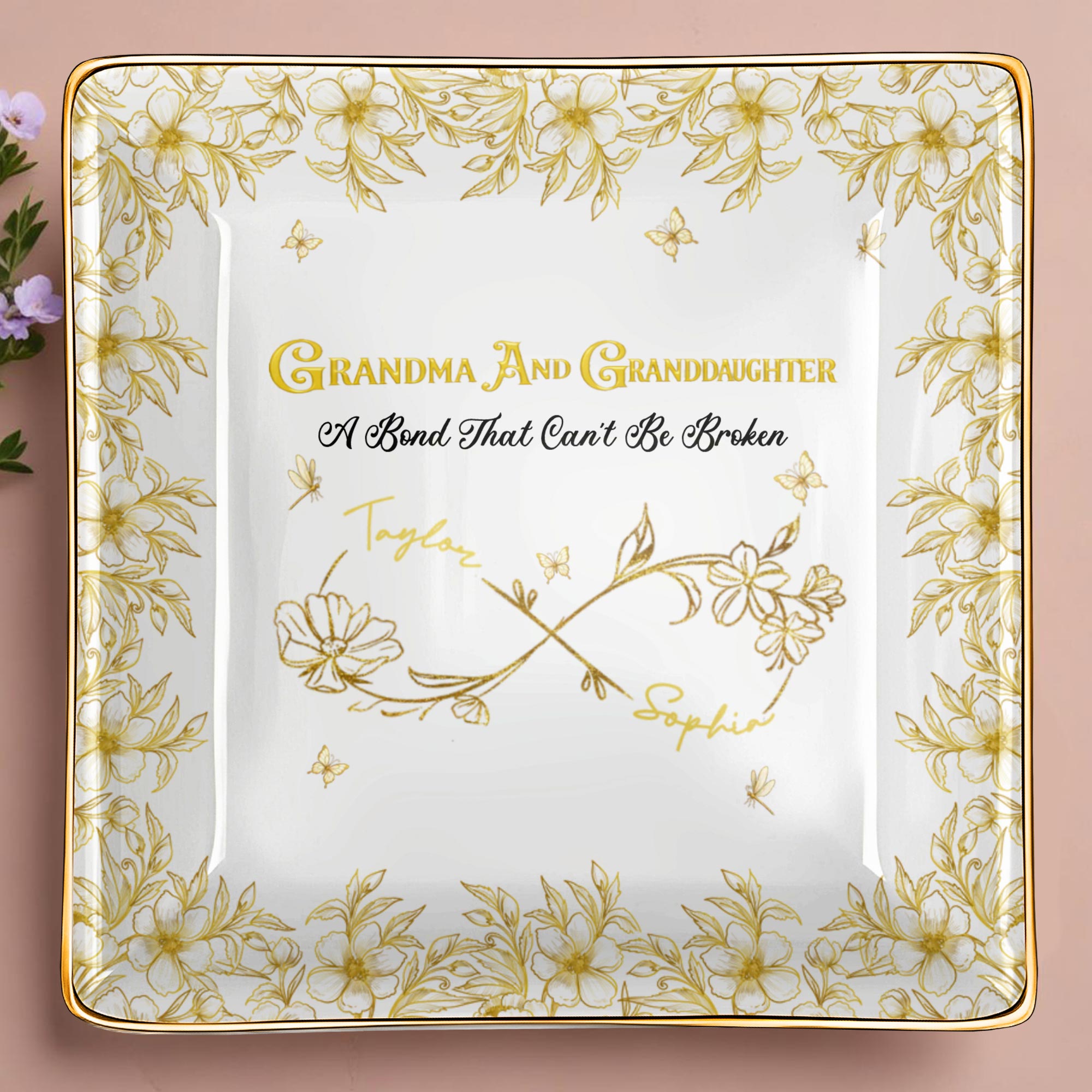 Grandma And Granddaughter, A Bond That Can't Be Broken, Flowers - Personalized Custom Jewelry Dish, Ceramic Dish, Square Shape - GDT568_SCRF