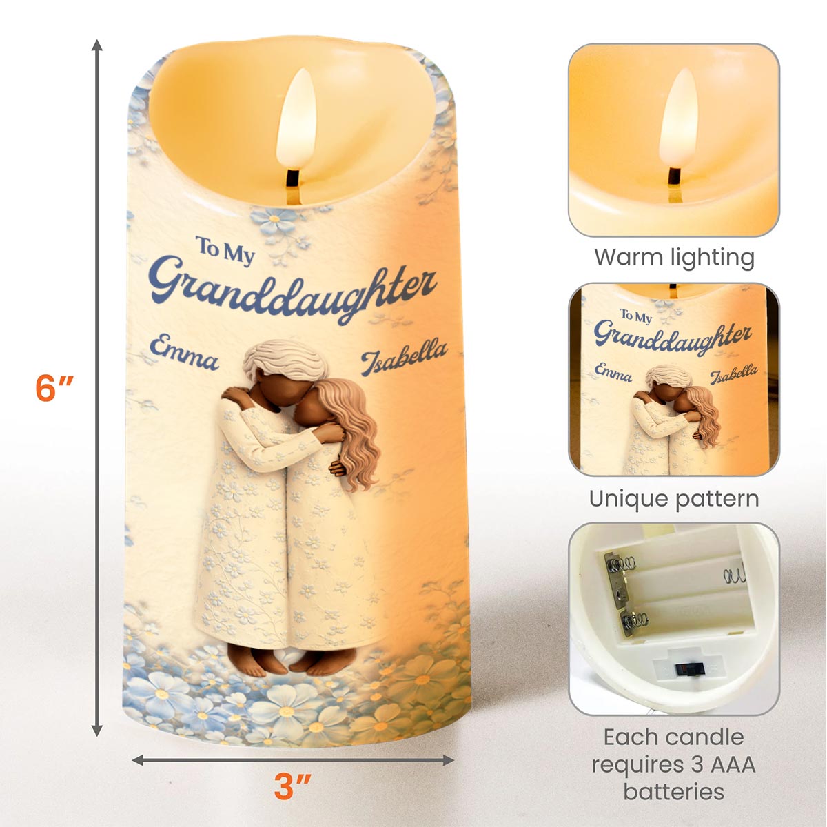 To My Granddaughter, Floral Grandmother And Granddaughter Embrace - Personalized Custom LED Candle - GDT571_LECA