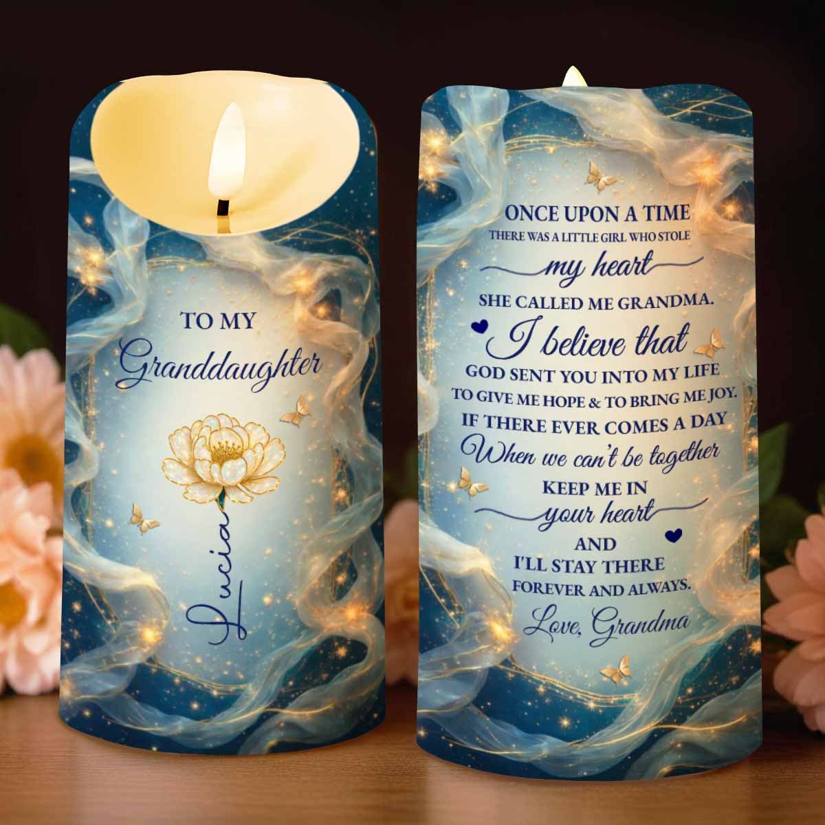 To My Granddaughter, Flower And Butterfly - Personalized Custom LED Candle - GDT575_LECA