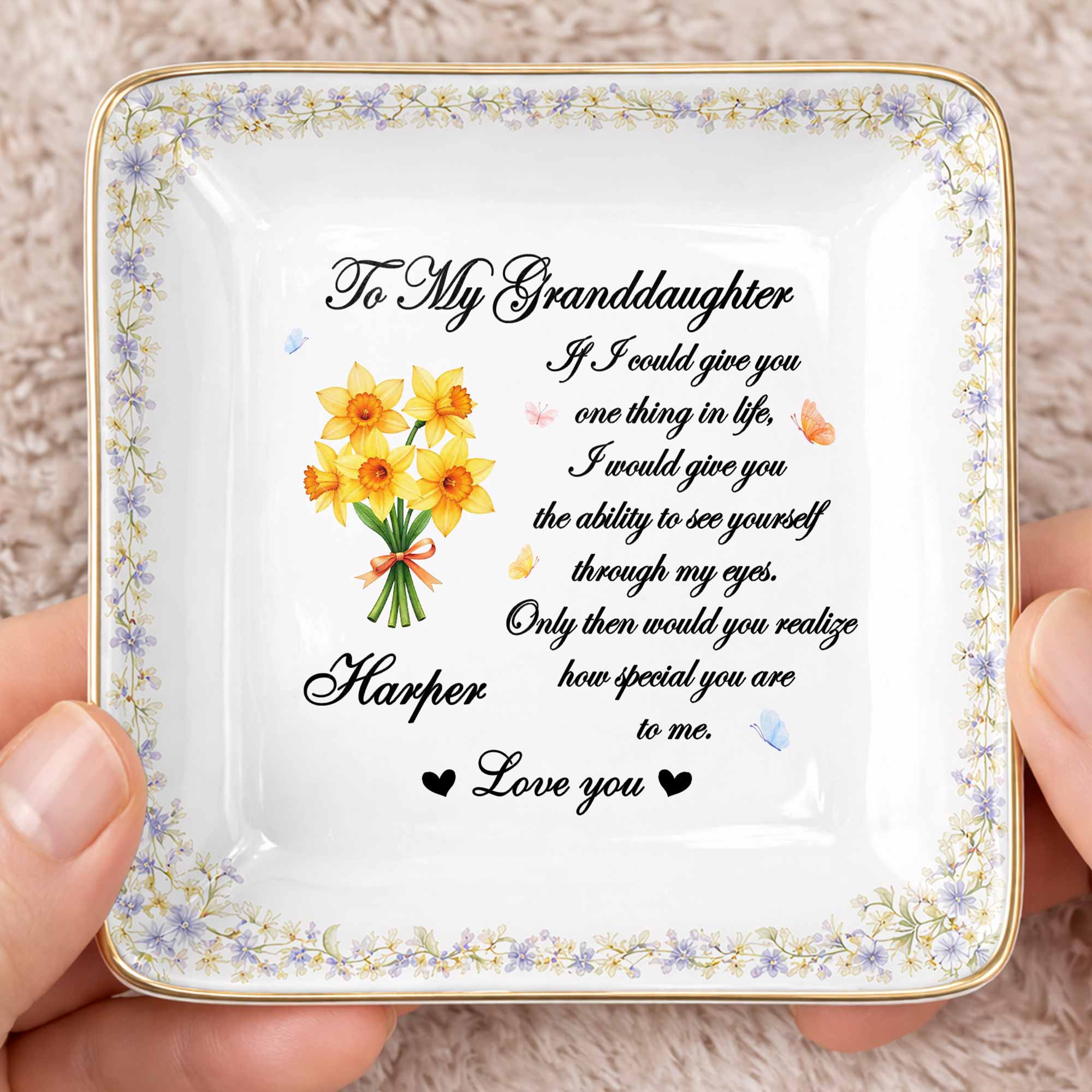 To My Granddaughter If I Could Give You One Thing Purple Flowers - Personalized Custom Jewelry Dish, Ceramic Dish, Square Shape - GDT576_SCRF