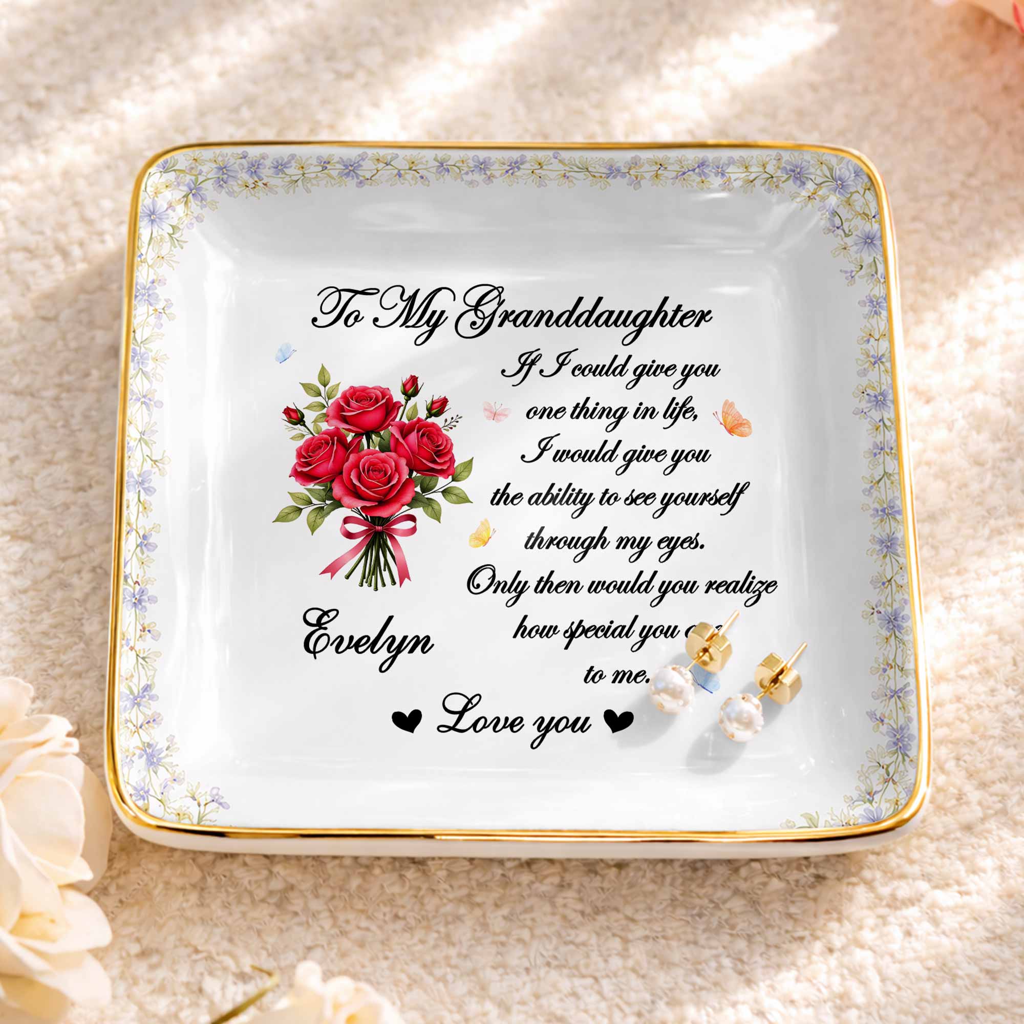 To My Granddaughter If I Could Give You One Thing Purple Flowers - Personalized Custom Jewelry Dish, Ceramic Dish, Square Shape - GDT576_SCRF