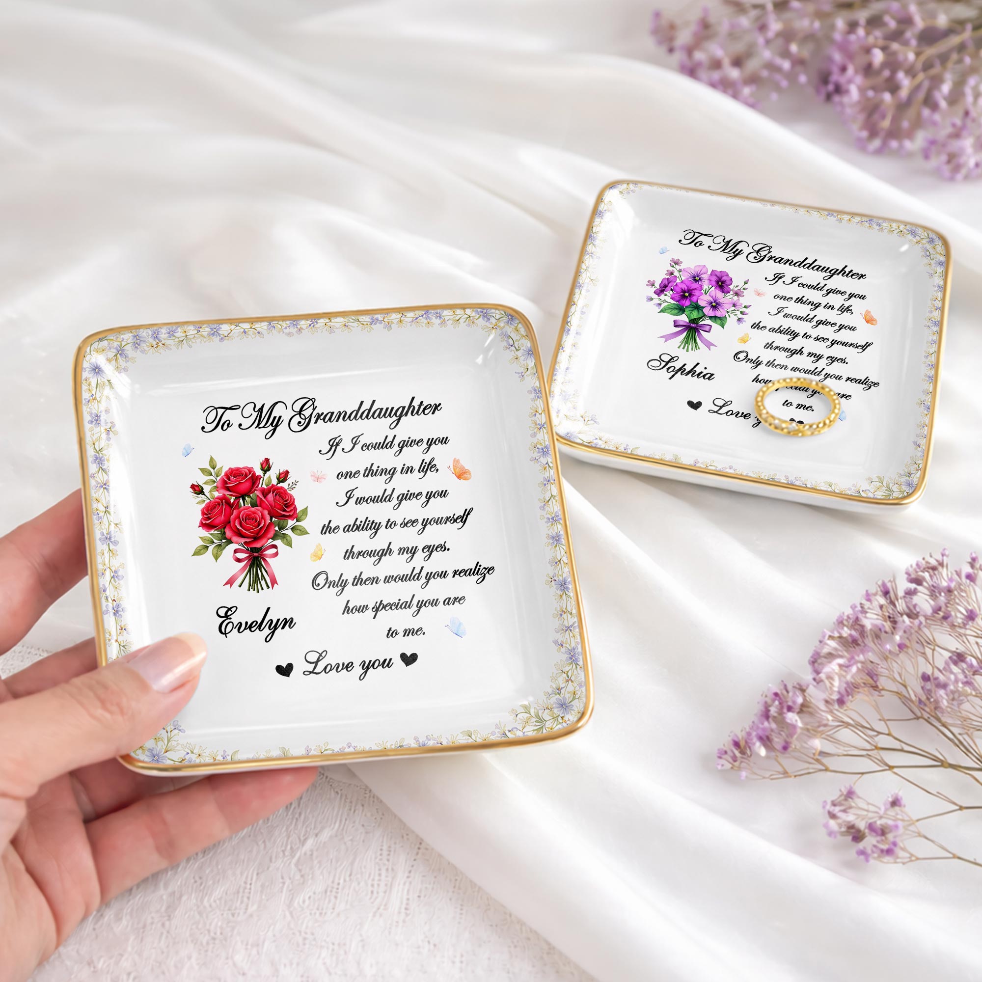 To My Granddaughter If I Could Give You One Thing Purple Flowers - Personalized Custom Jewelry Dish, Ceramic Dish, Square Shape - GDT576_SCRF