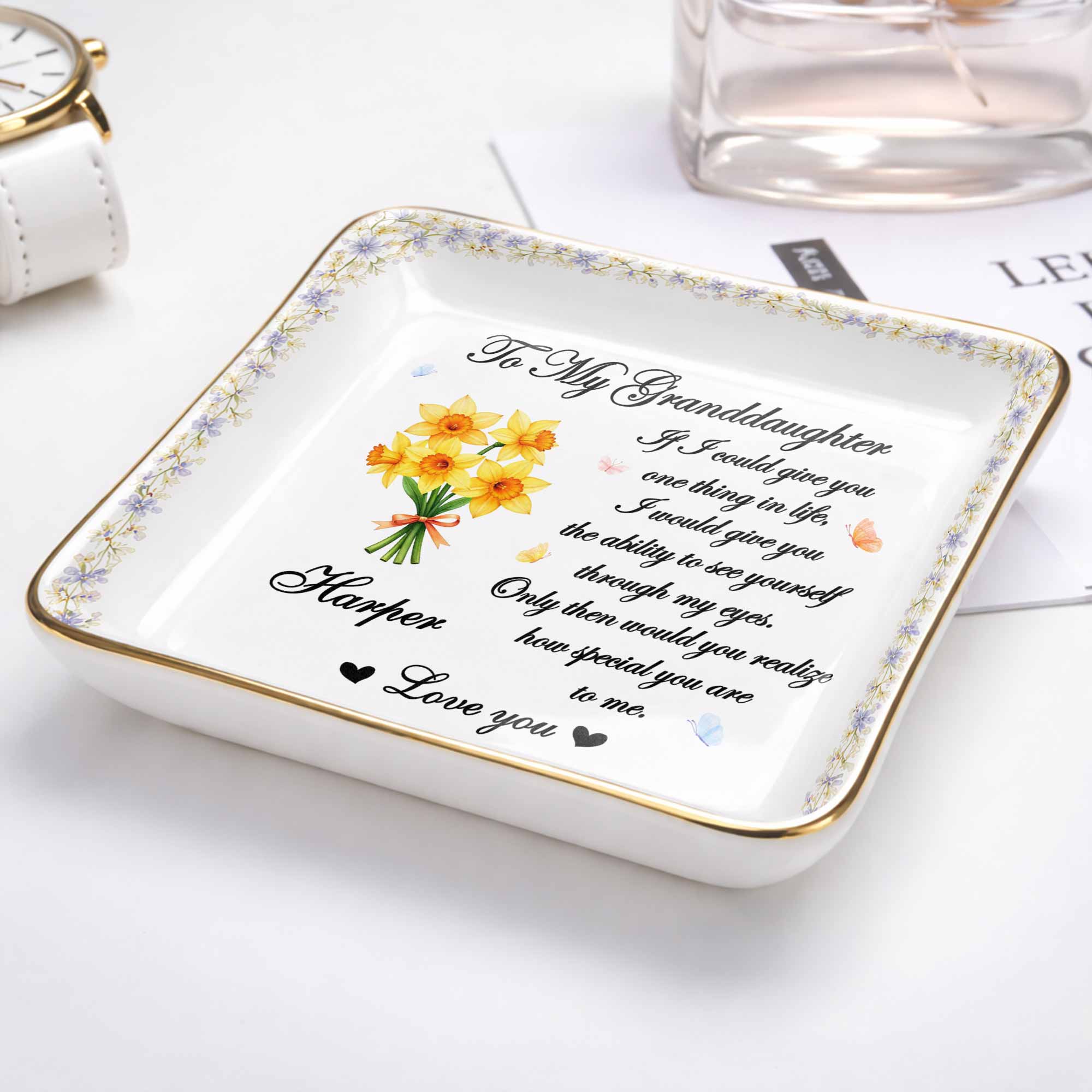 To My Granddaughter If I Could Give You One Thing Purple Flowers - Personalized Custom Jewelry Dish, Ceramic Dish, Square Shape - GDT576_SCRF
