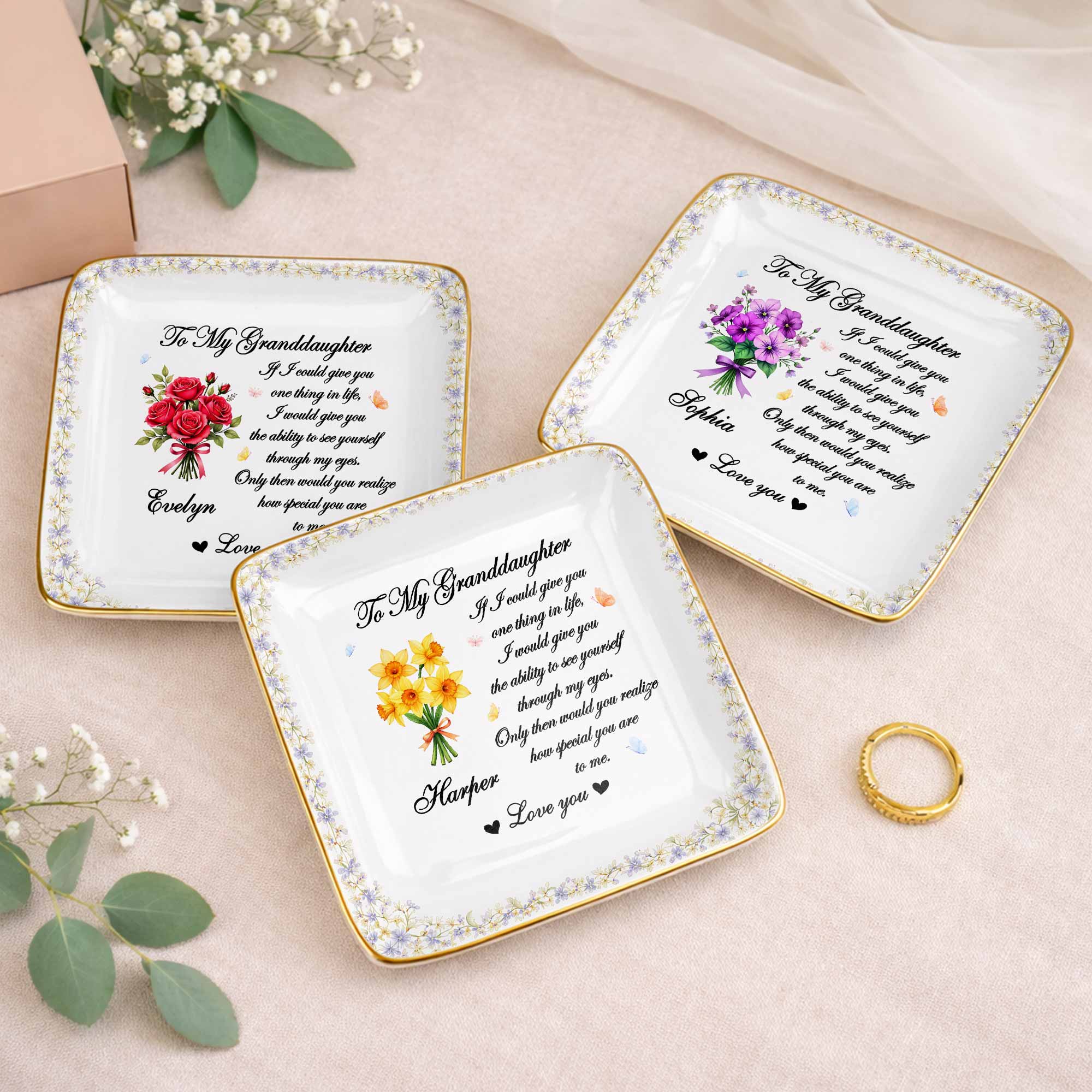 To My Granddaughter If I Could Give You One Thing Purple Flowers - Personalized Custom Jewelry Dish, Ceramic Dish, Square Shape - GDT576_SCRF