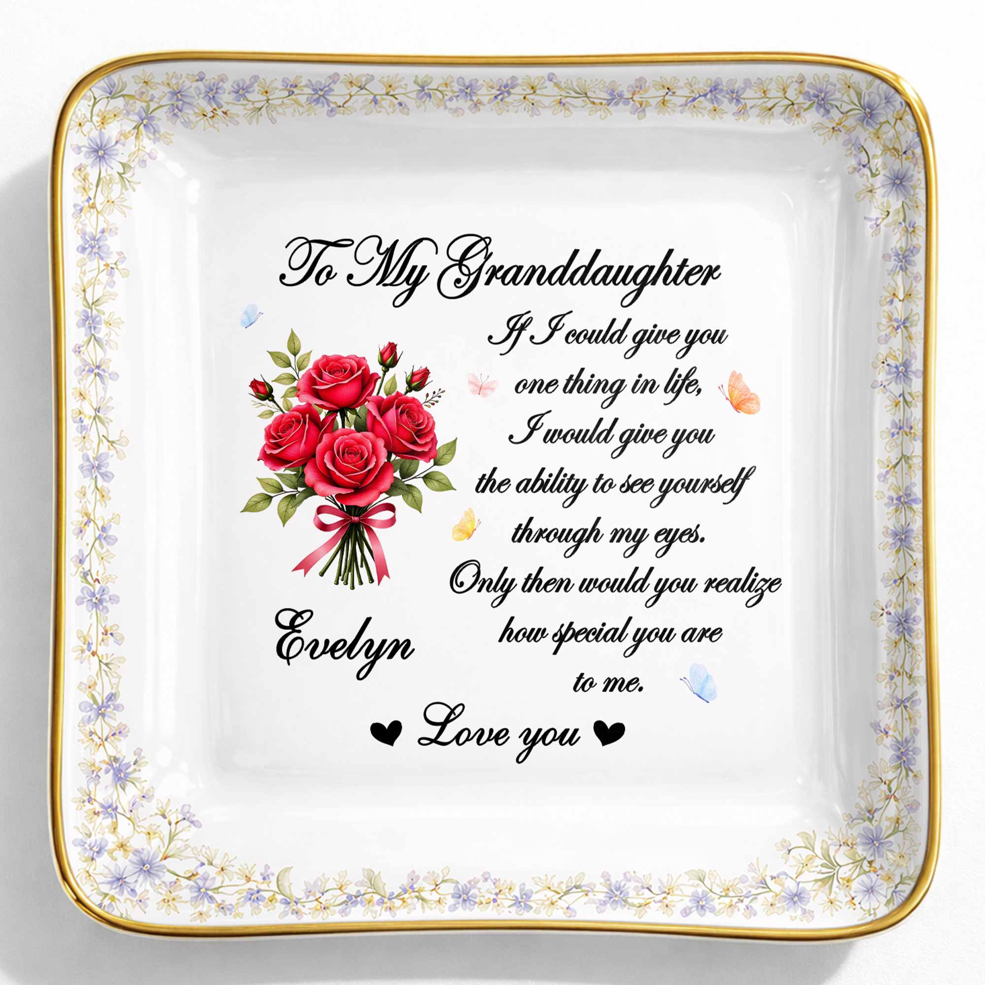To My Granddaughter If I Could Give You One Thing Purple Flowers - Personalized Custom Jewelry Dish, Ceramic Dish, Square Shape - GDT576_SCRF