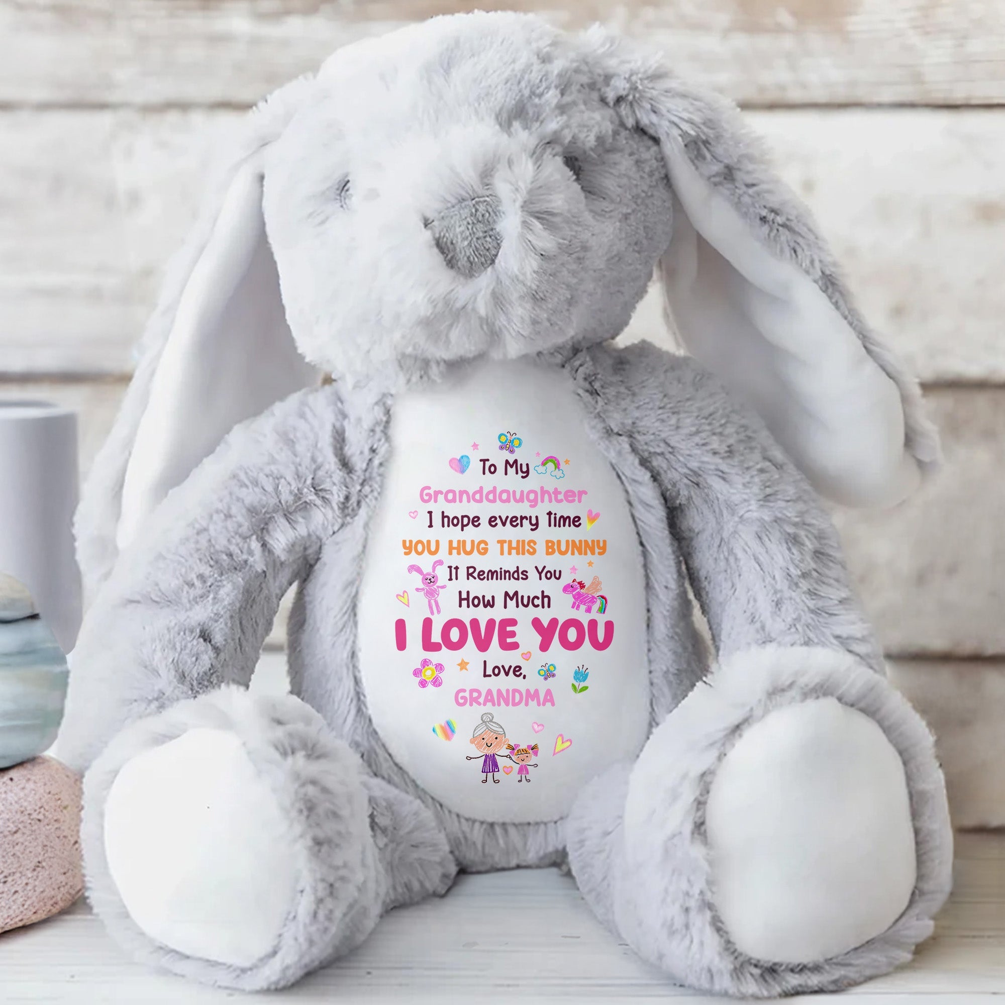 To My Granddaughter, I Love You Bunny With Heart And Flowers - Personalized Stuffed Bunny - GDT592_BUN