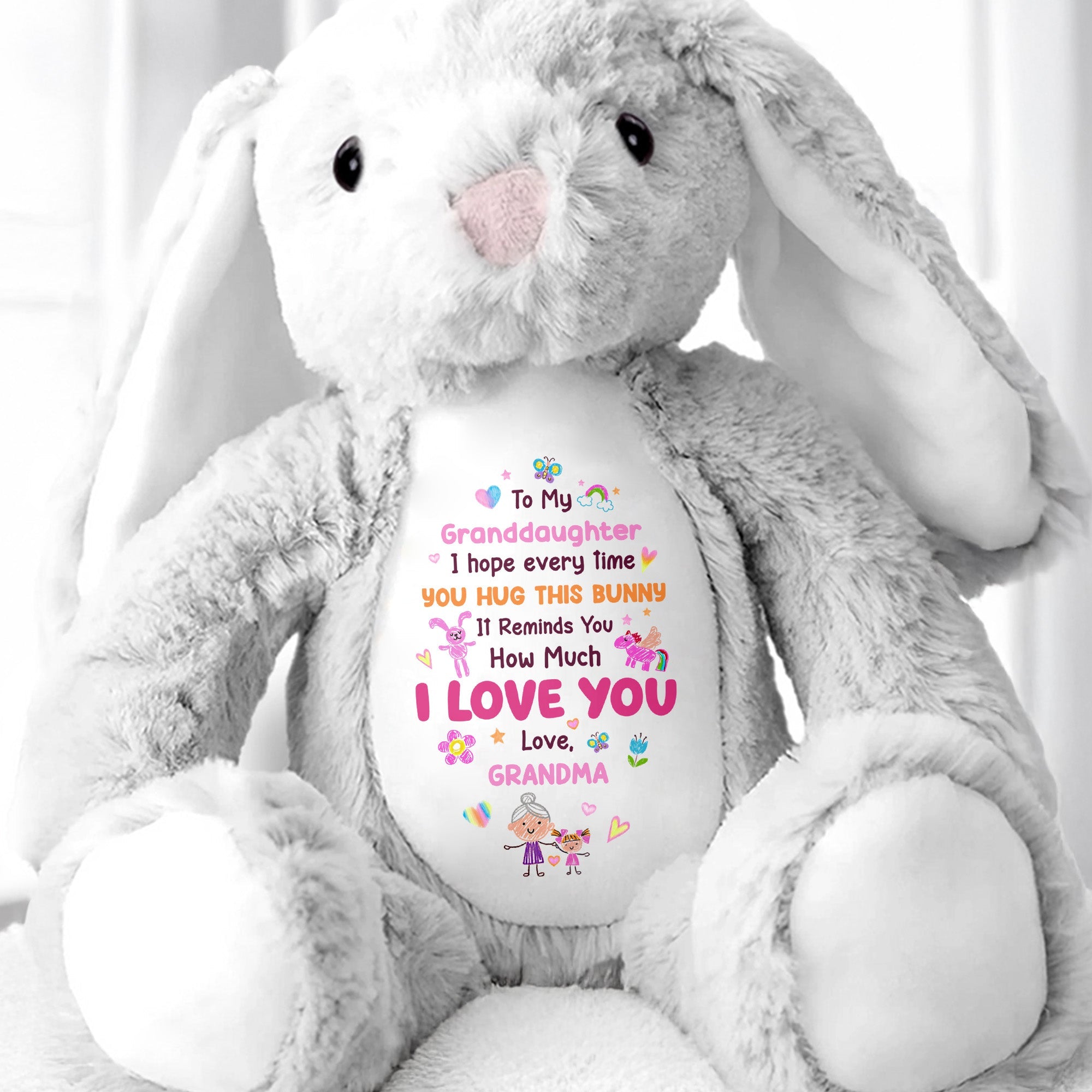 To My Granddaughter, I Love You Bunny With Heart And Flowers - Personalized Stuffed Bunny - GDT592_BUN
