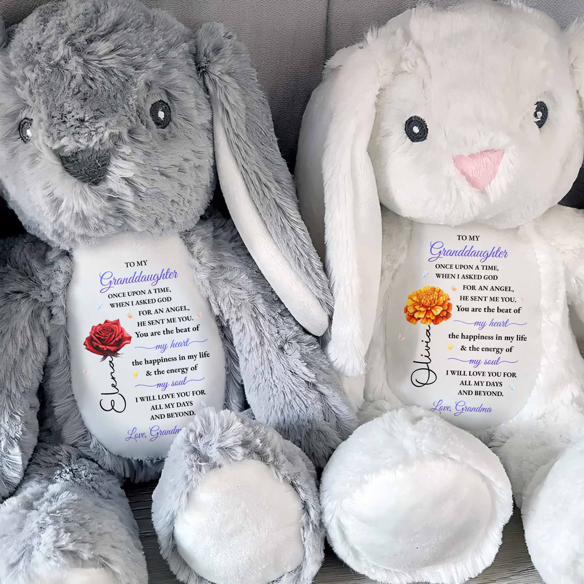 To My Granddaughter, Once Upon A Time With Flowers - Personalized Stuffed Bunny - GDT599_BUN