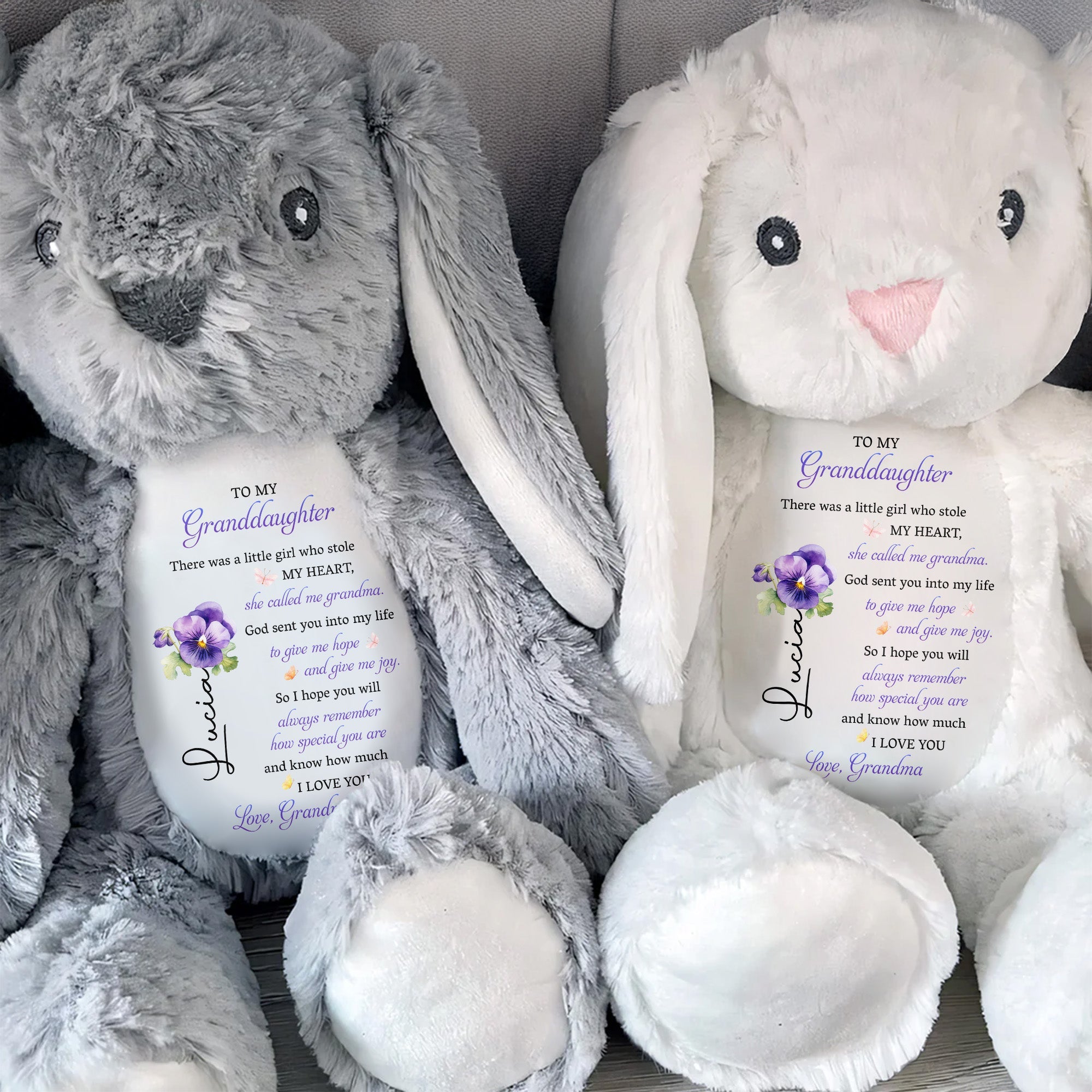 To My Granddaughter, Plush Bunny With Purple Flowers - Personalized Stuffed Bunny - GDT606_BUN