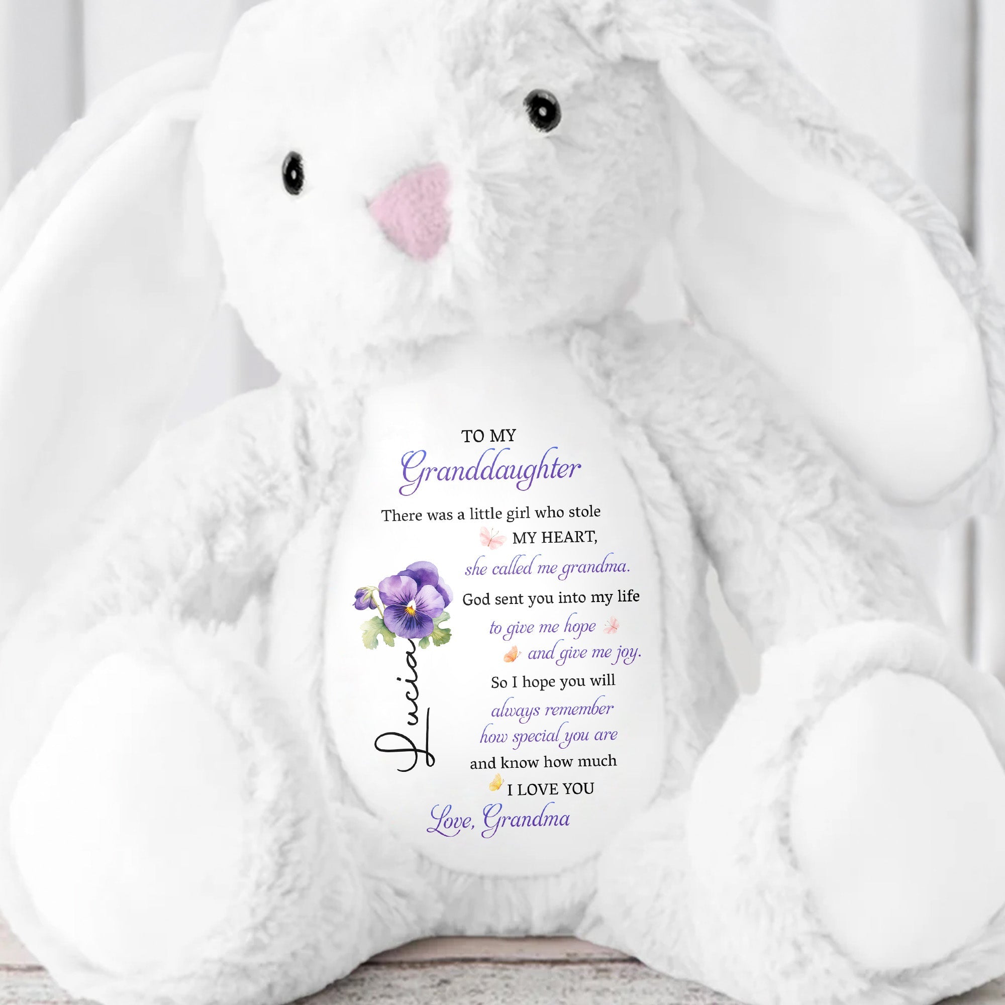 To My Granddaughter, Plush Bunny With Purple Flowers - Personalized Stuffed Bunny - GDT606_BUN