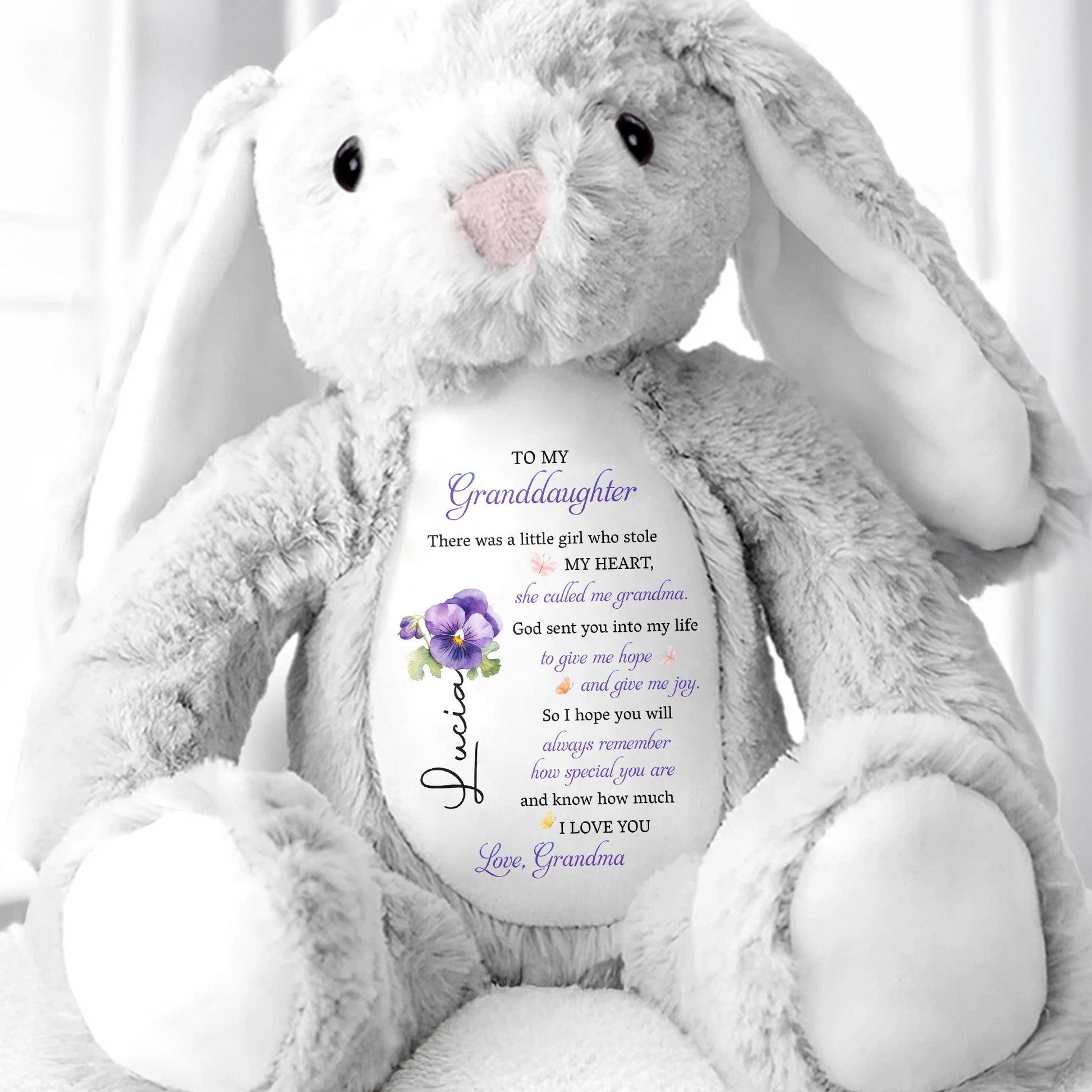 To My Granddaughter, Plush Bunny With Purple Flowers - Personalized Stuffed Bunny - GDT606_BUN