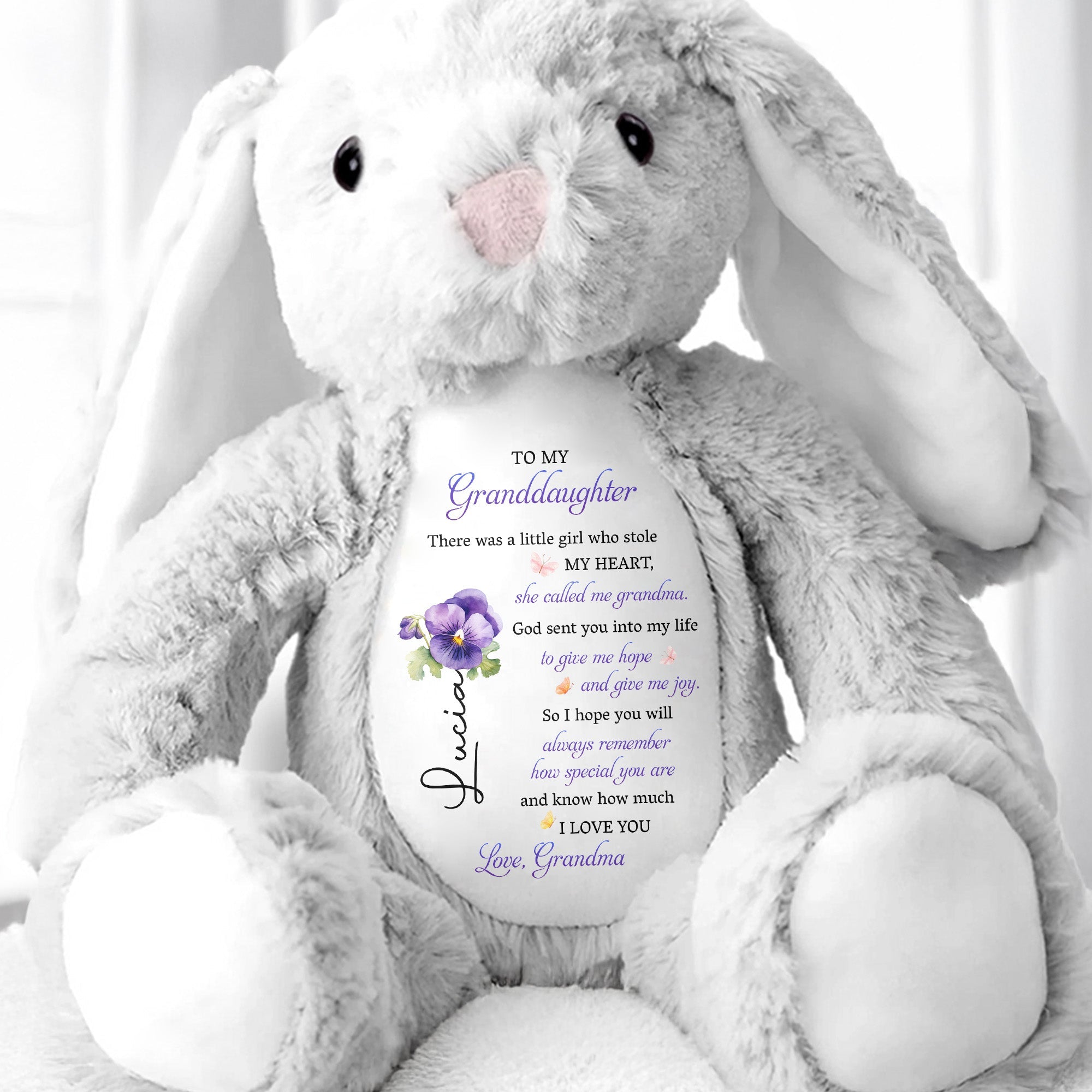 To My Granddaughter, Plush Bunny With Purple Flowers - Personalized Stuffed Bunny - GDT606_BUN