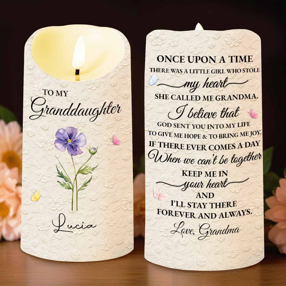 To My Granddaughter Once Upon A Time Purple Flower And Butterflies - Personalized Custom LED Candle - GDT613_LECA