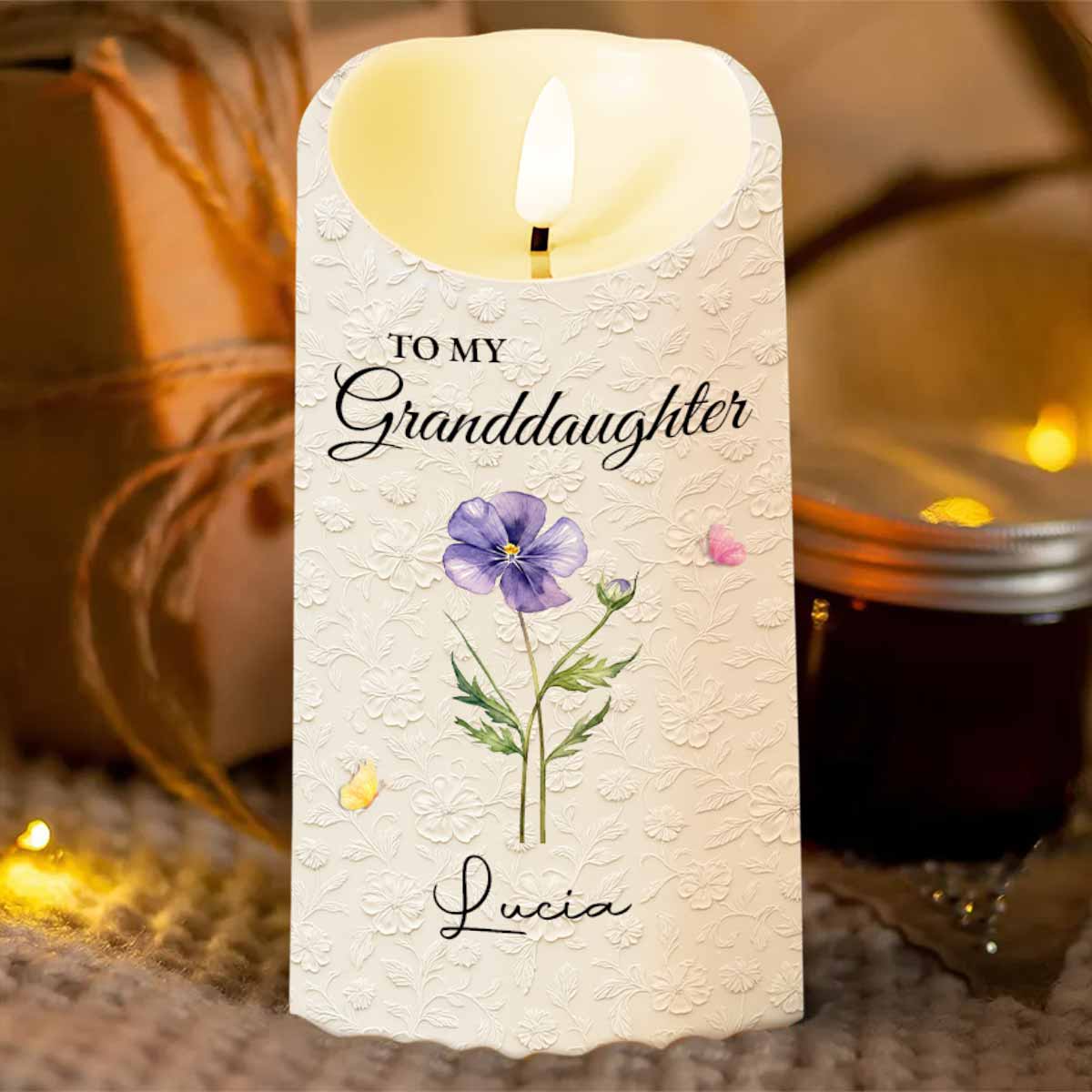 To My Granddaughter Once Upon A Time Purple Flower And Butterflies - Personalized Custom LED Candle - GDT613_LECA