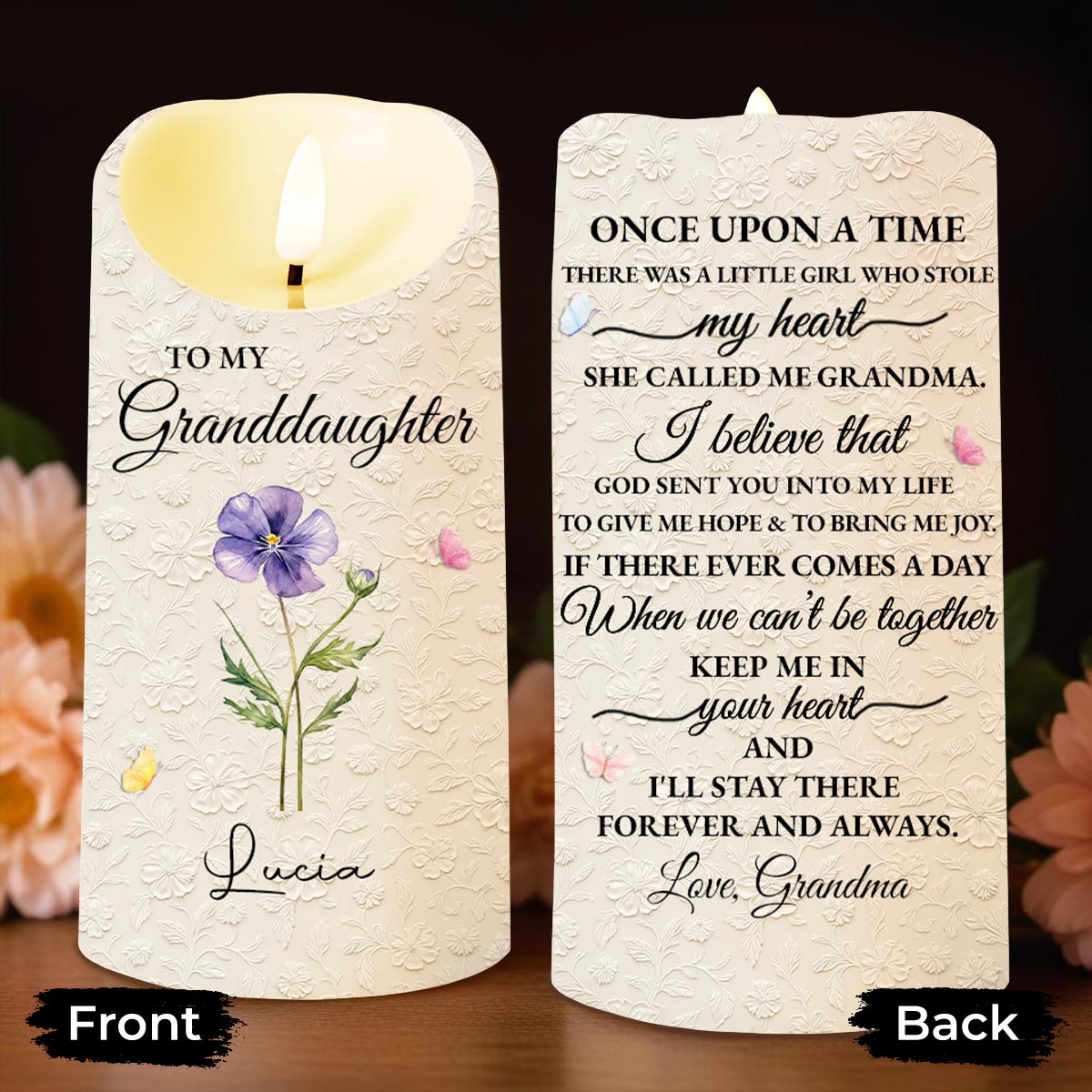 To My Granddaughter Once Upon A Time Purple Flower And Butterflies - Personalized Custom LED Candle - GDT613_LECA