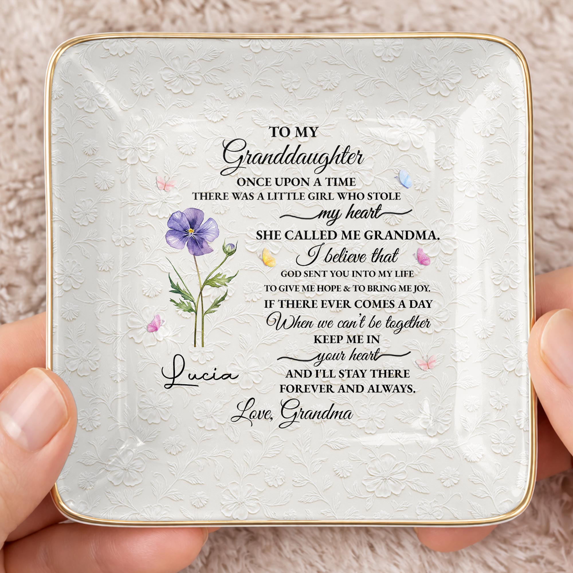 To My Granddaughter Once Upon A Time Flower Butterfly Jewelry Dish - Personalized Custom Jewelry Dish, Ceramic Dish, Square Shape - GDT613_SCRF