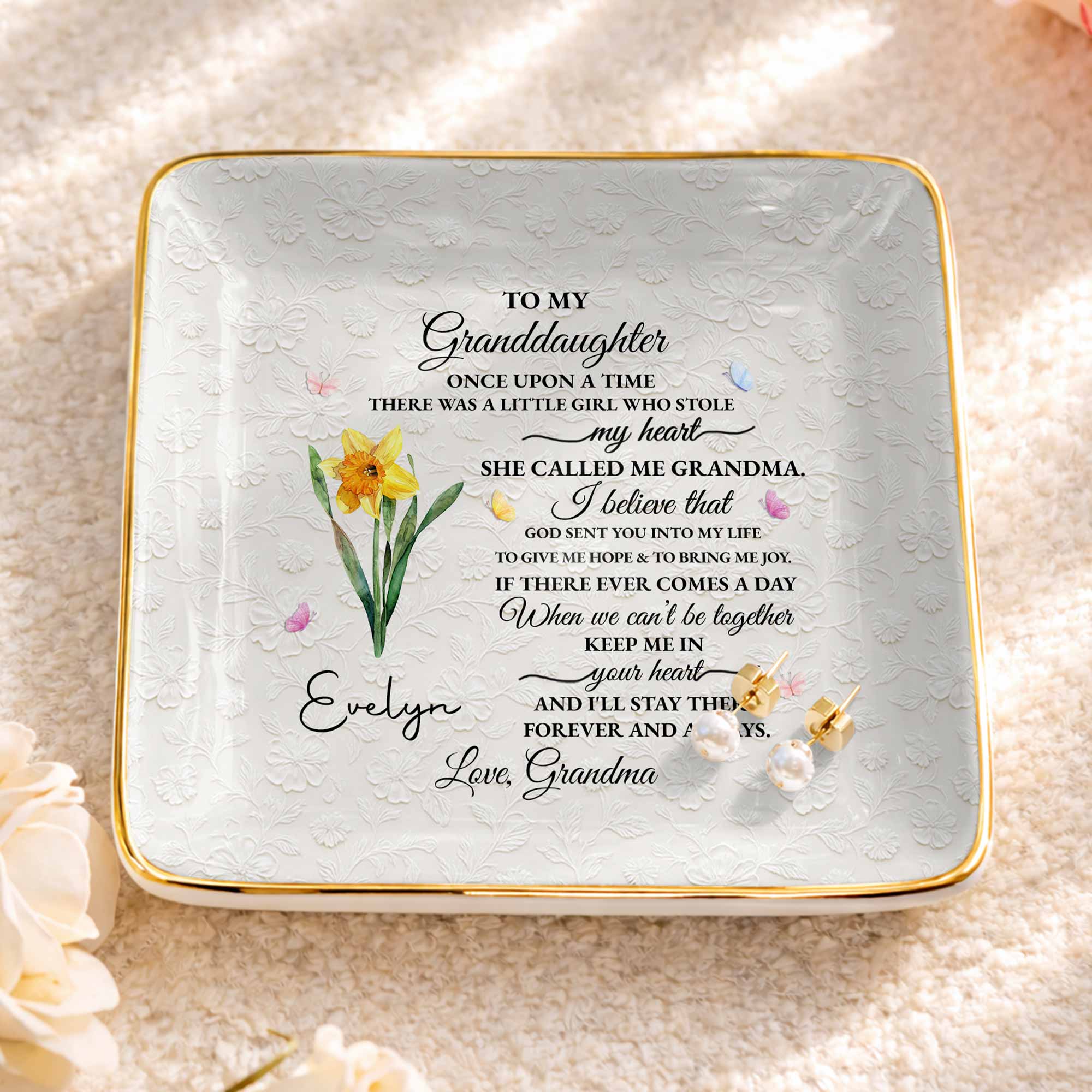 To My Granddaughter Once Upon A Time Flower Butterfly Jewelry Dish - Personalized Custom Jewelry Dish, Ceramic Dish, Square Shape - GDT613_SCRF