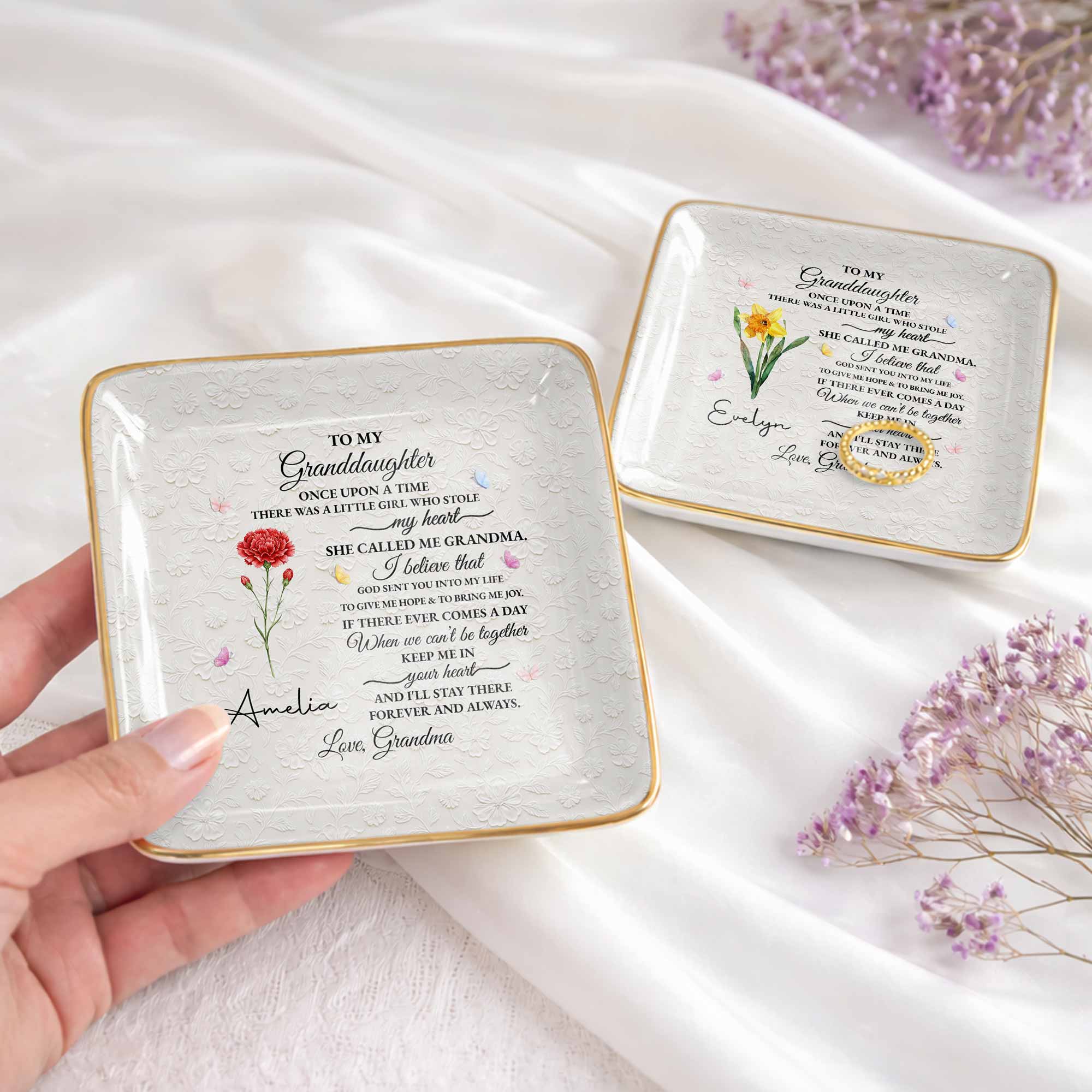 To My Granddaughter Once Upon A Time Flower Butterfly Jewelry Dish - Personalized Custom Jewelry Dish, Ceramic Dish, Square Shape - GDT613_SCRF