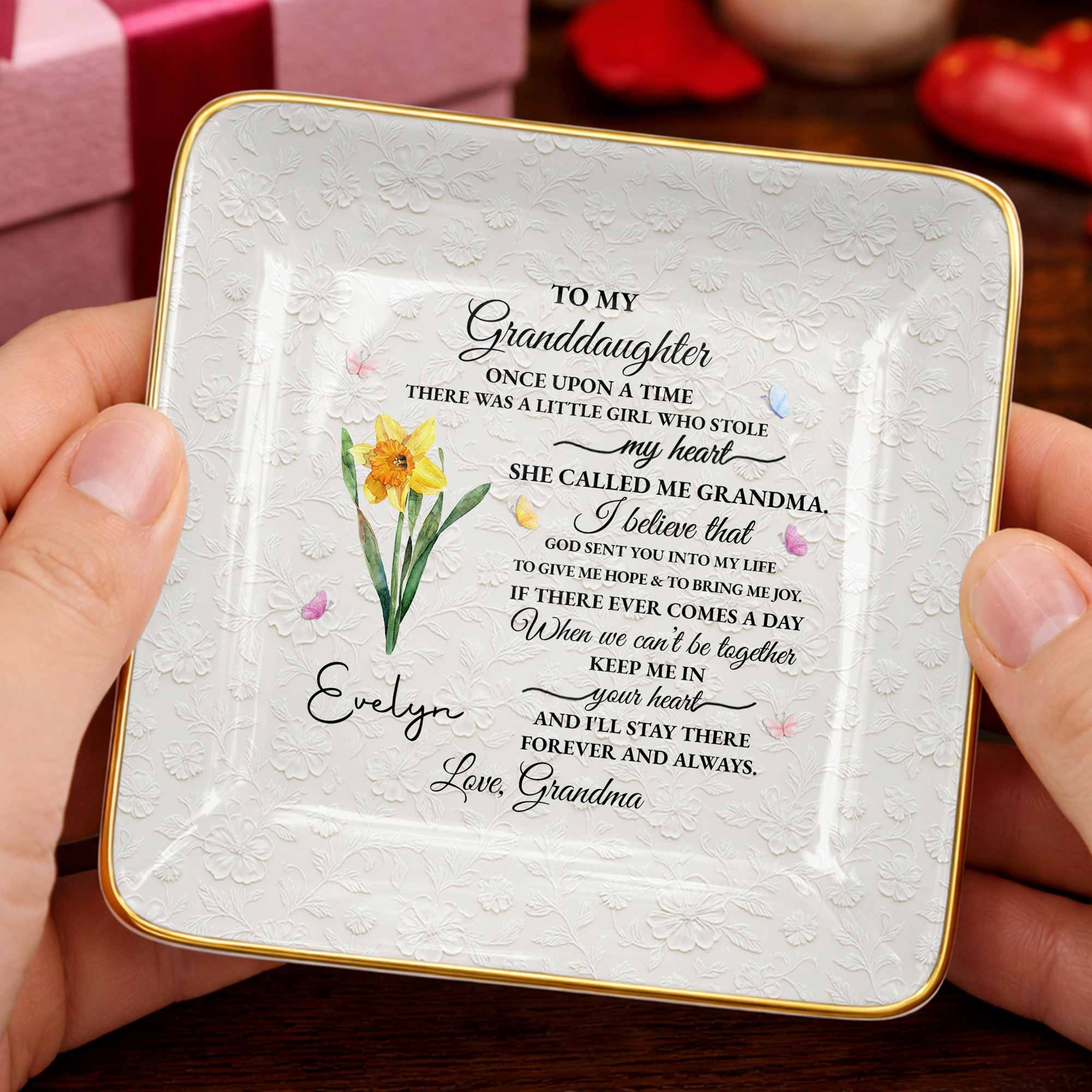 To My Granddaughter Once Upon A Time Flower Butterfly Jewelry Dish - Personalized Custom Jewelry Dish, Ceramic Dish, Square Shape - GDT613_SCRF