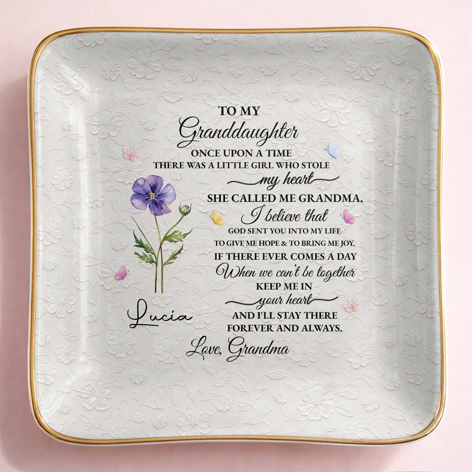 To My Granddaughter Once Upon A Time Flower Butterfly Jewelry Dish - Personalized Custom Jewelry Dish, Ceramic Dish, Square Shape - GDT613_SCRF