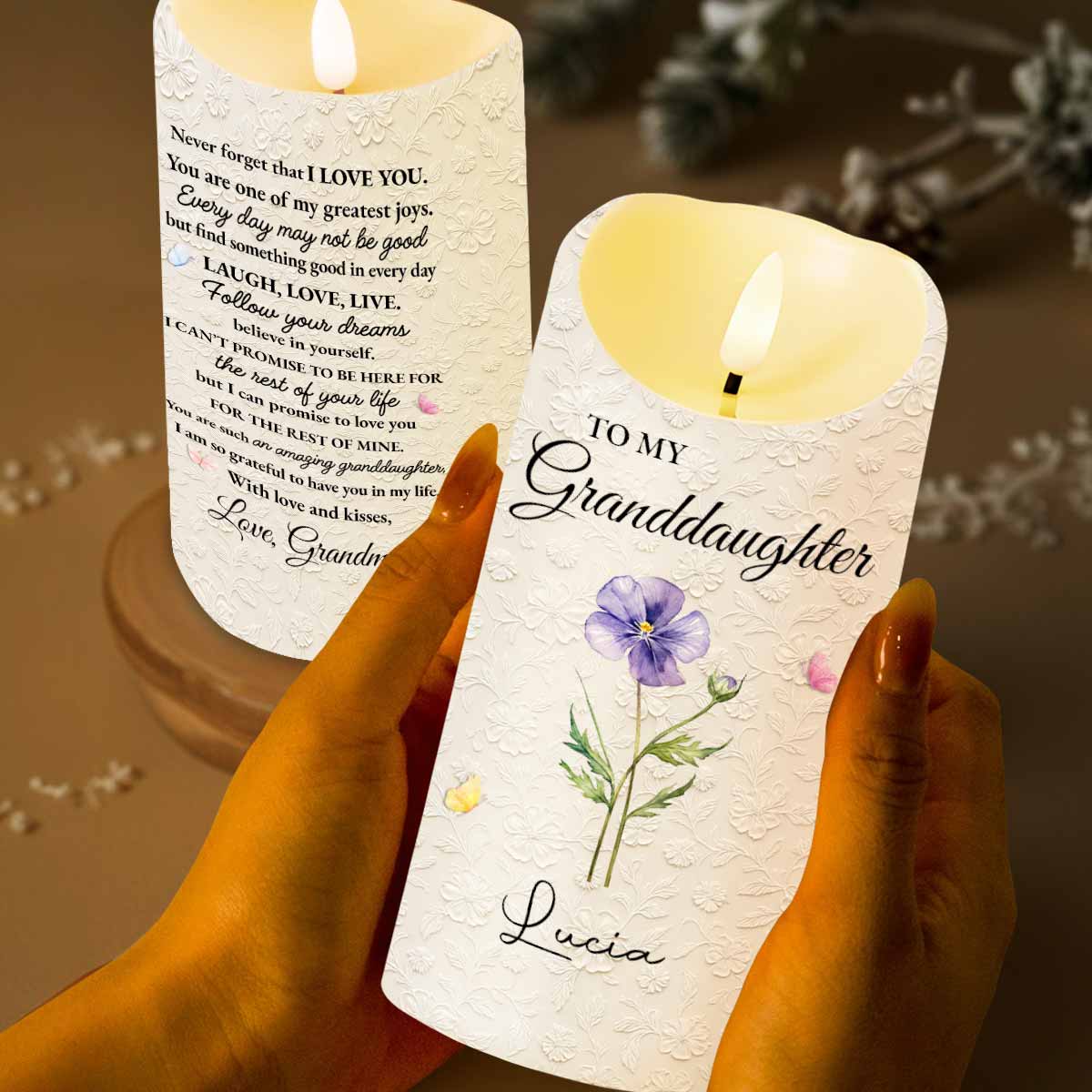 To My Granddaughter Never Forget That I Love You Flowers - Personalized Custom LED Candle - GDT614_LECA