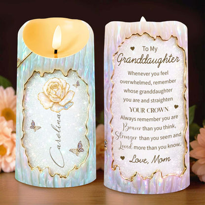 To My Granddaughter Straighten Your Crown White Rose And Butterflies - Personalized Custom LED Candle - GDT620_LECA