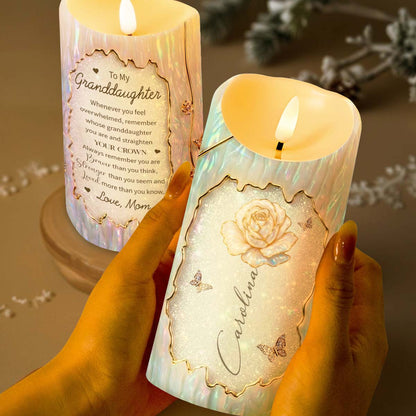 To My Granddaughter Straighten Your Crown White Rose And Butterflies - Personalized Custom LED Candle - GDT620_LECA