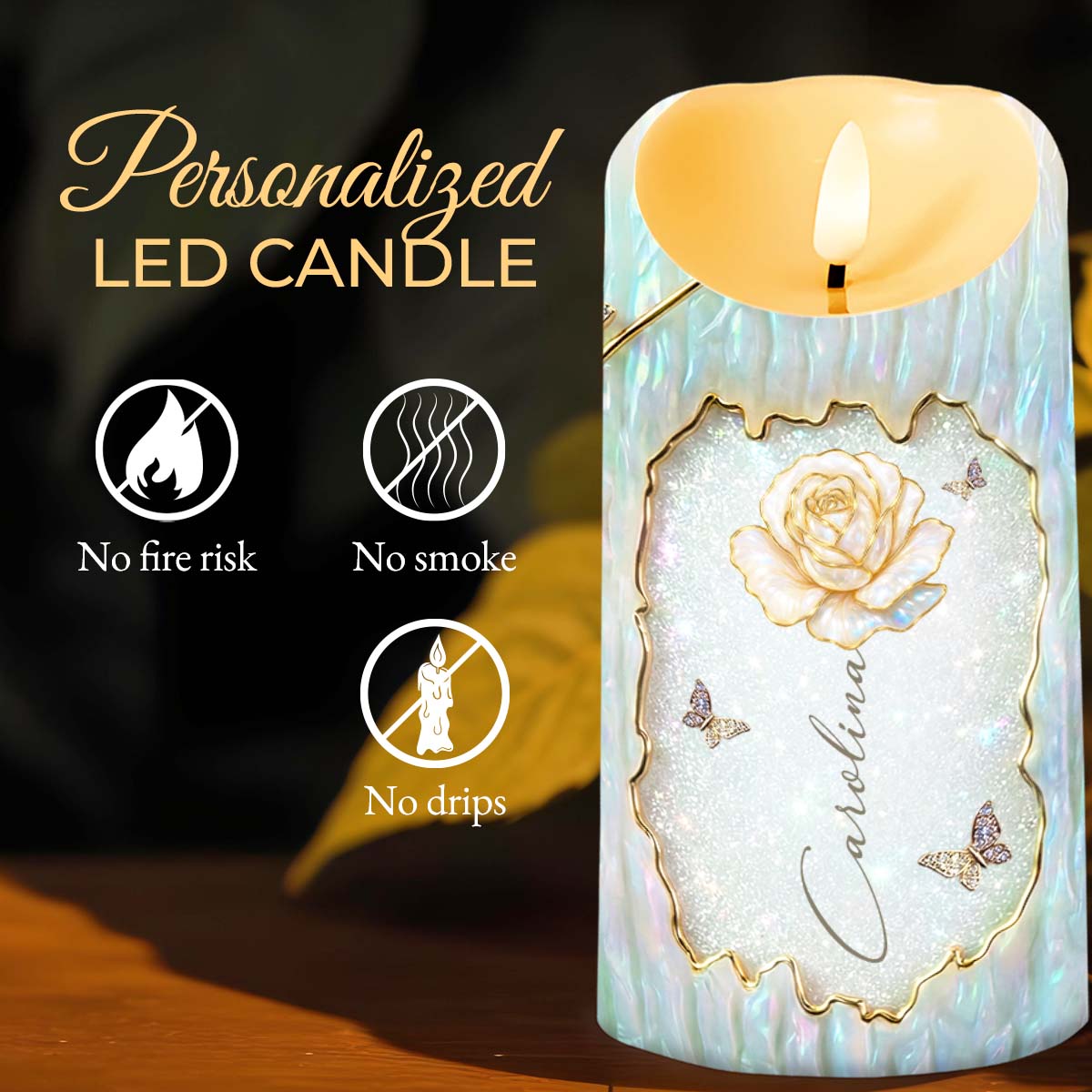 To My Granddaughter Straighten Your Crown White Rose And Butterflies - Personalized Custom LED Candle - GDT620_LECA