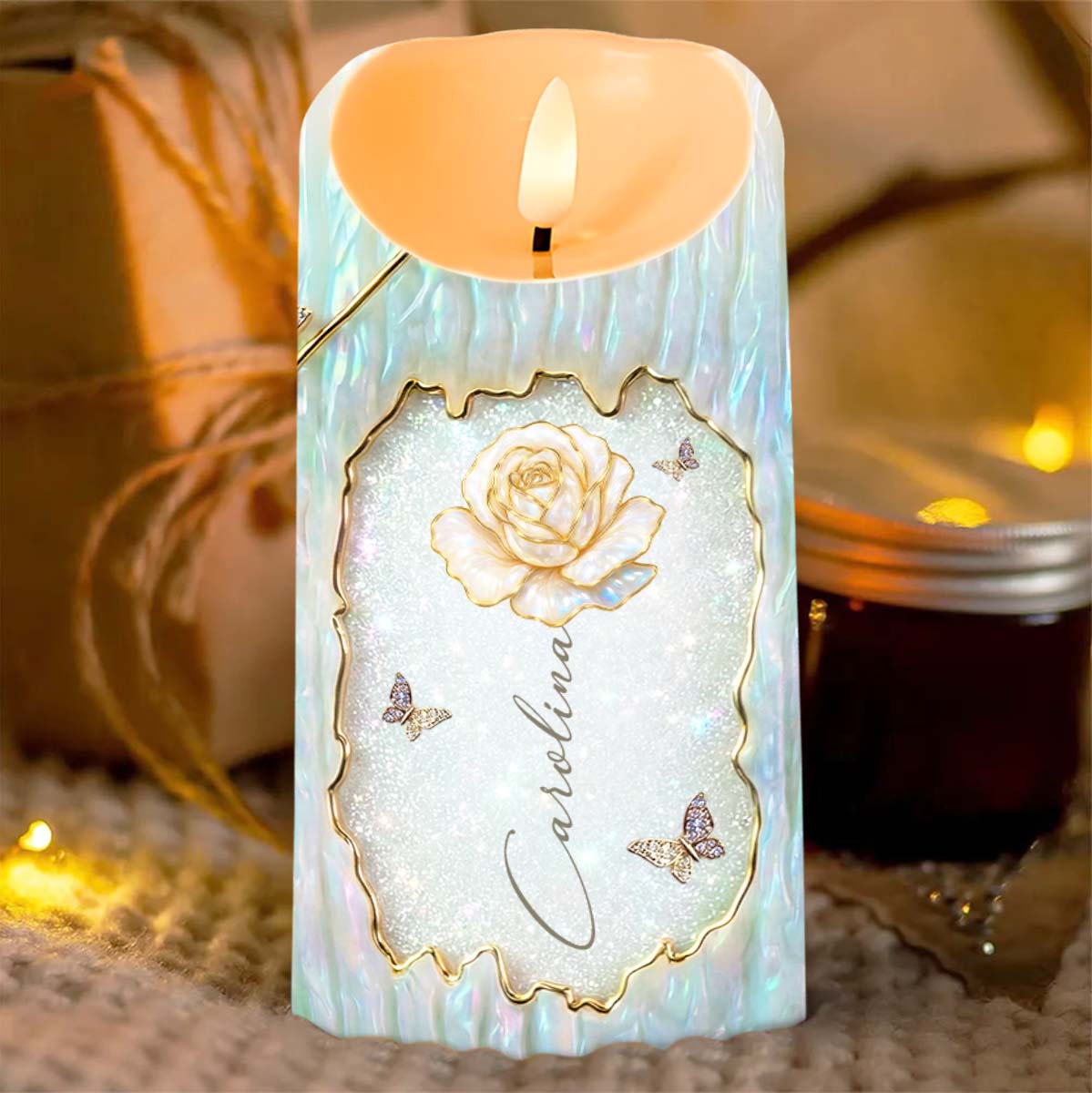 To My Granddaughter Straighten Your Crown White Rose And Butterflies - Personalized Custom LED Candle - GDT620_LECA