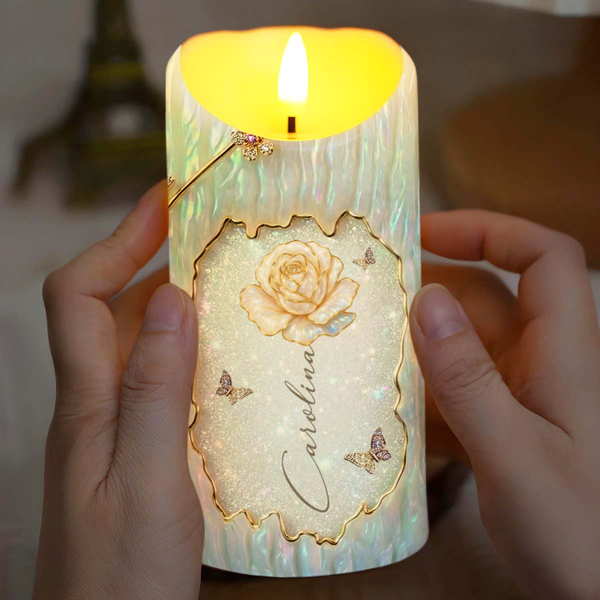 To My Granddaughter Straighten Your Crown White Rose And Butterflies - Personalized Custom LED Candle - GDT620_LECA
