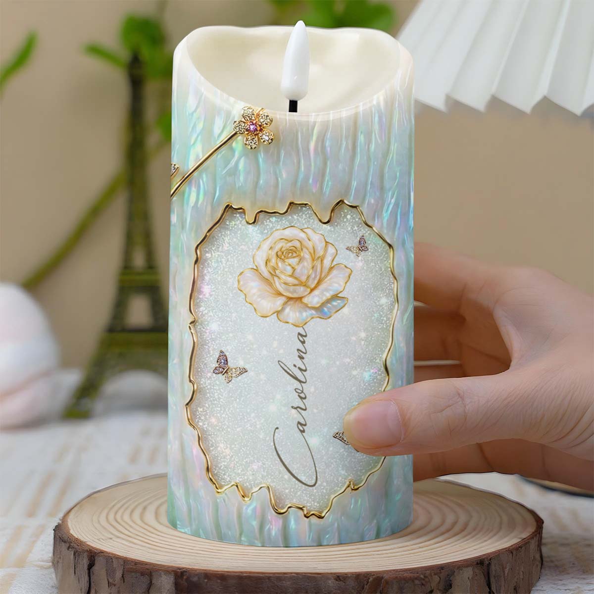 To My Granddaughter Straighten Your Crown White Rose And Butterflies - Personalized Custom LED Candle - GDT620_LECA