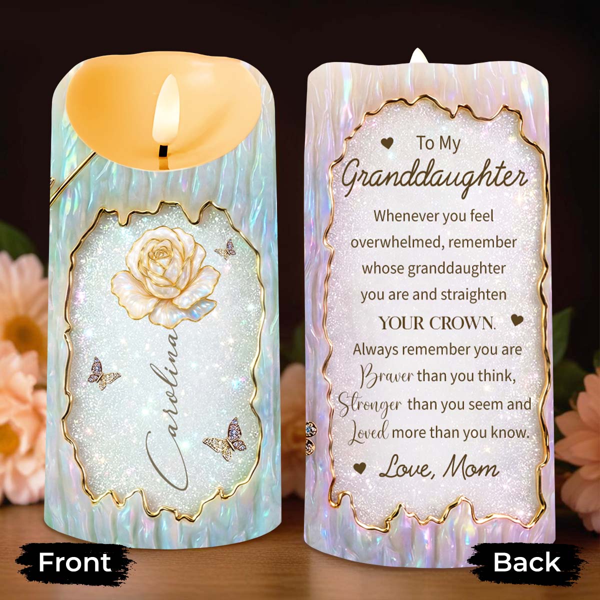To My Granddaughter Straighten Your Crown White Rose And Butterflies - Personalized Custom LED Candle - GDT620_LECA