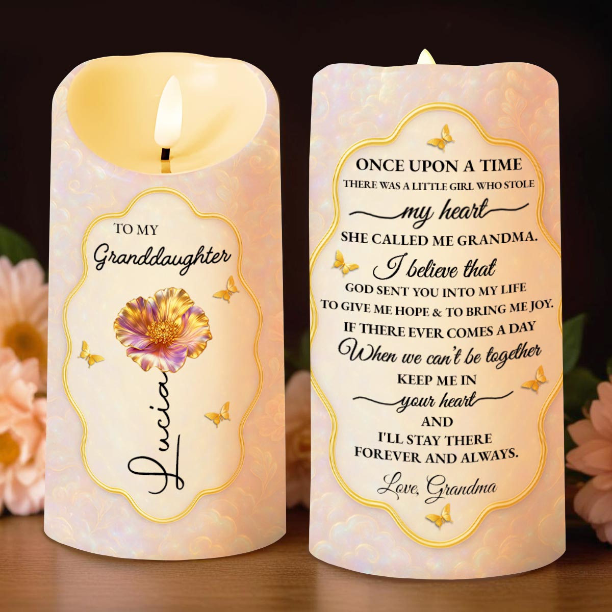 To My Granddaughter Once Upon A Time Flower Butterflies Heart - Personalized Custom LED Candle - GDT624_LECA