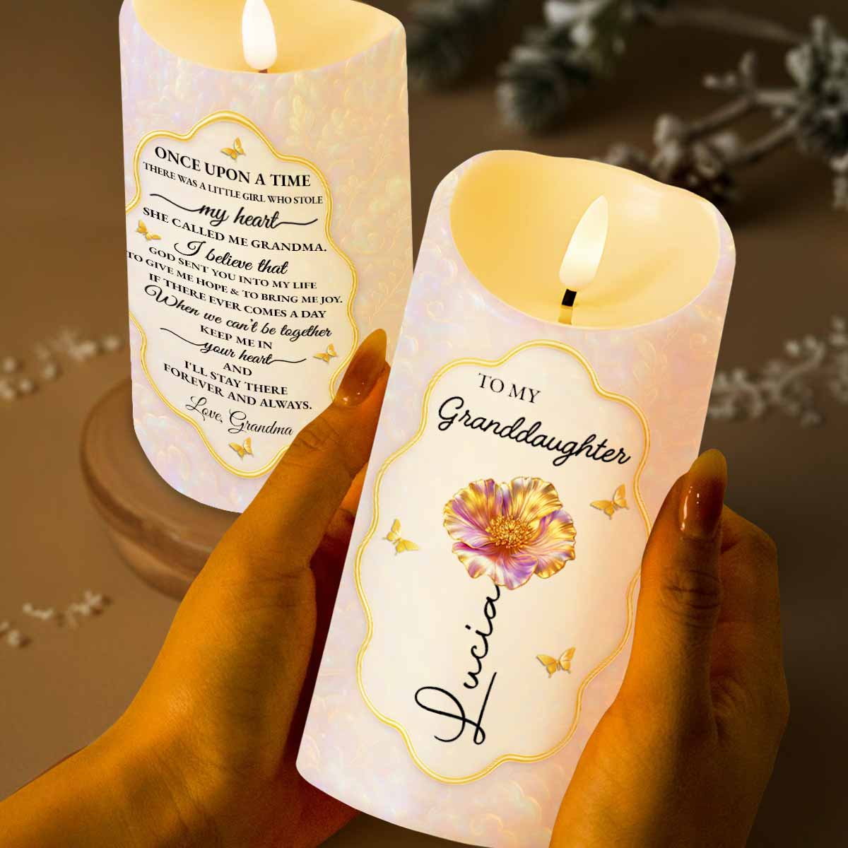 To My Granddaughter Once Upon A Time Flower Butterflies Heart - Personalized Custom LED Candle - GDT624_LECA
