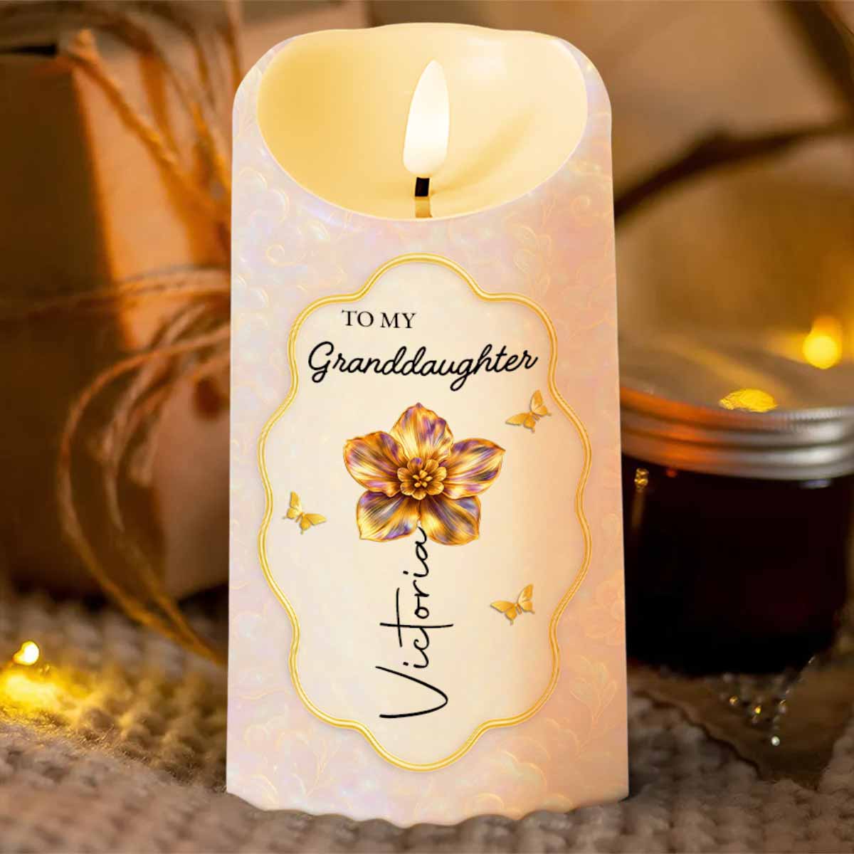 To My Granddaughter Once Upon A Time Flower Butterflies Heart - Personalized Custom LED Candle - GDT624_LECA