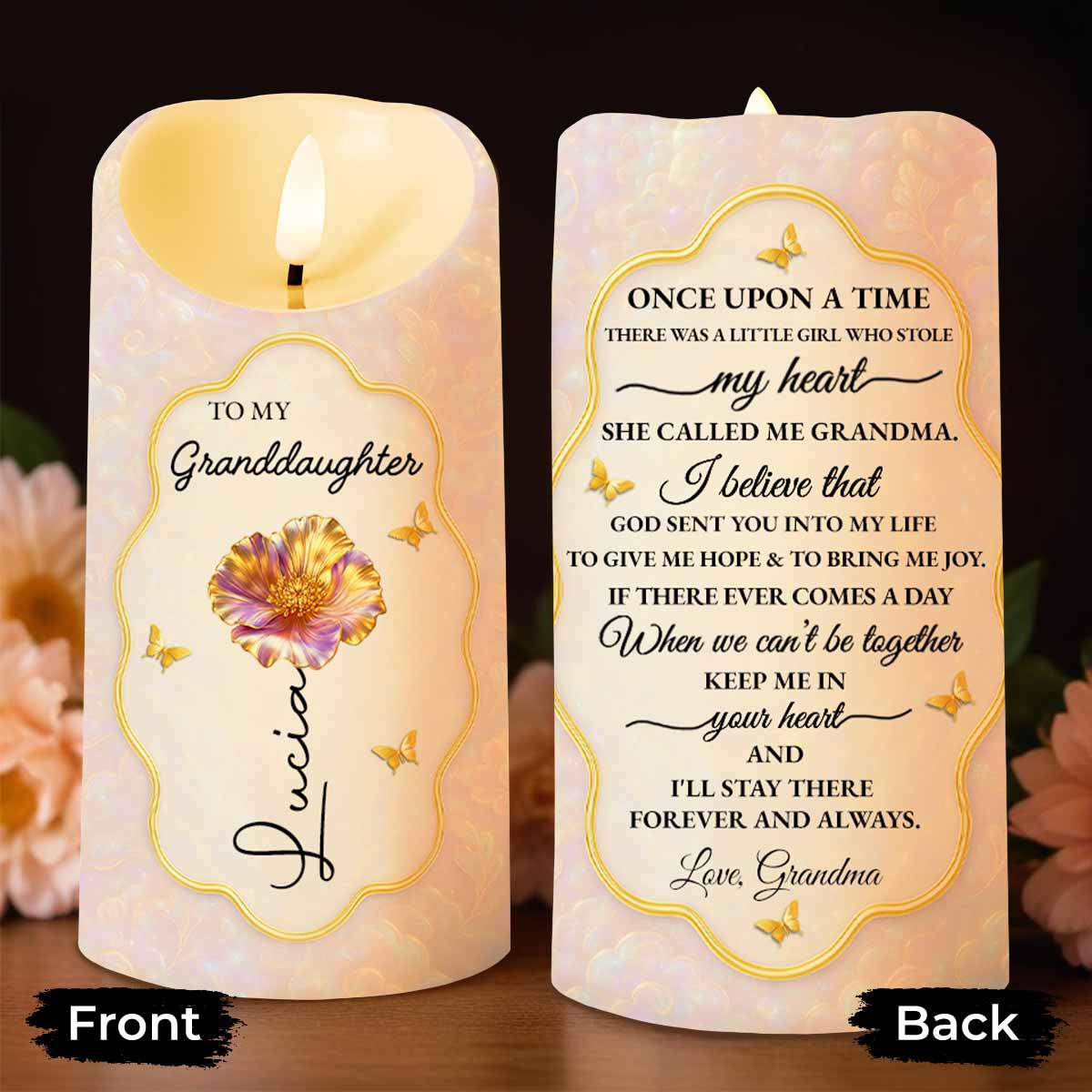 To My Granddaughter Once Upon A Time Flower Butterflies Heart - Personalized Custom LED Candle - GDT624_LECA
