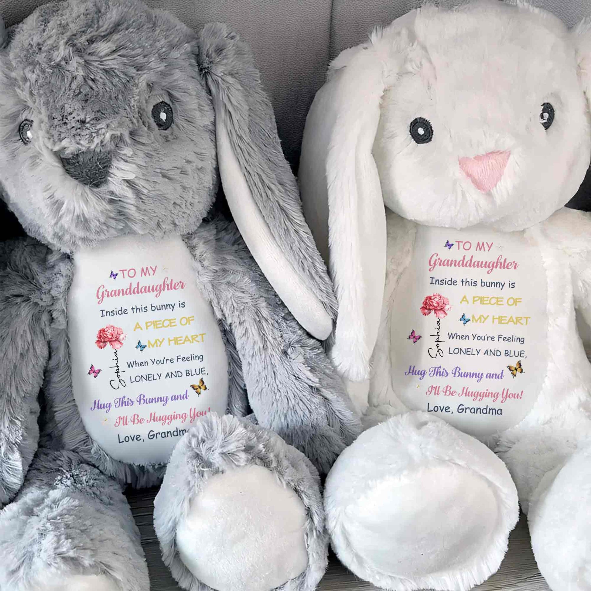 To My Granddaughter Inside This Bunny Is A Piece Of My Heart Flower Butterfly - Personalized Stuffed Bunny - GDT625_BUN