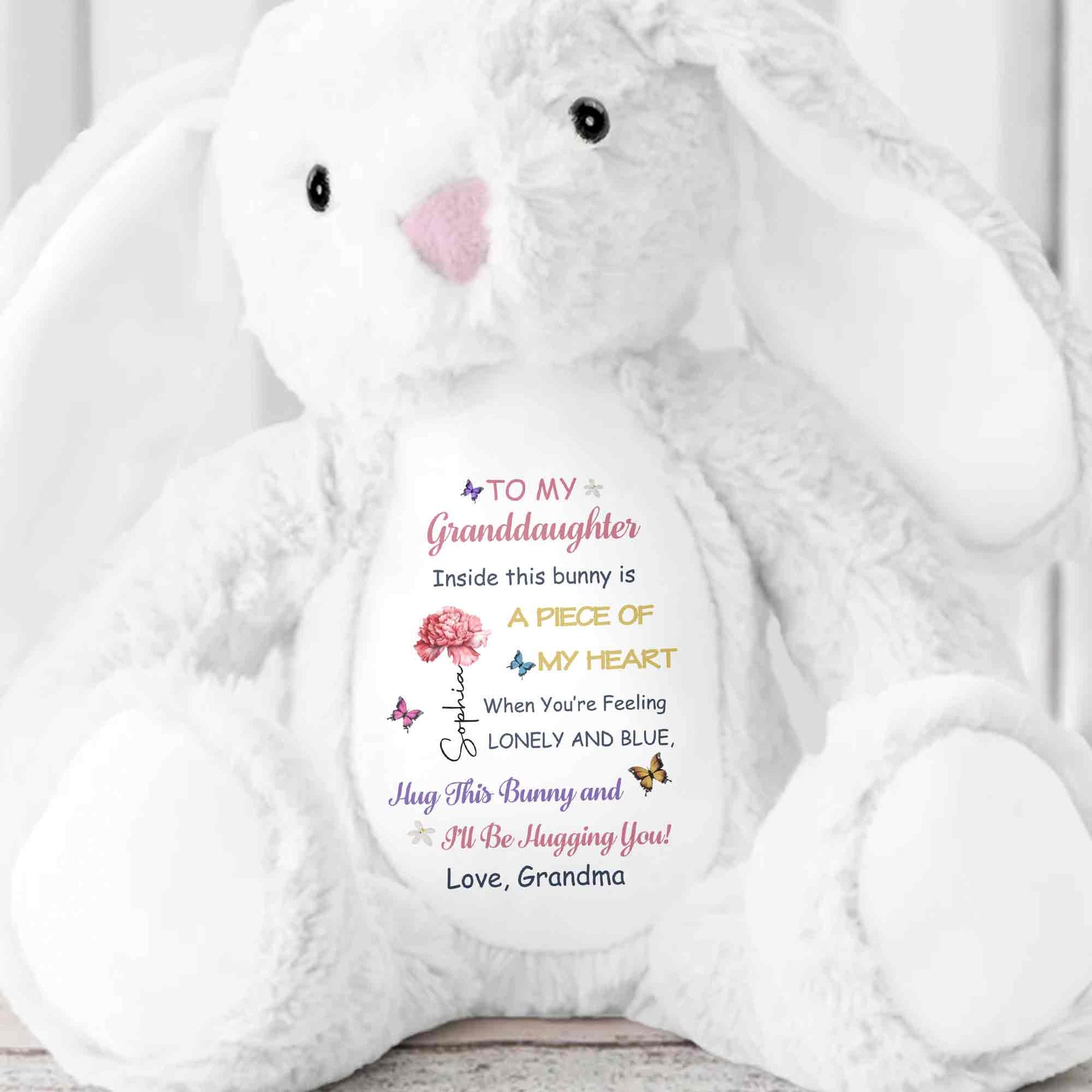 To My Granddaughter Inside This Bunny Is A Piece Of My Heart Flower Butterfly - Personalized Stuffed Bunny - GDT625_BUN