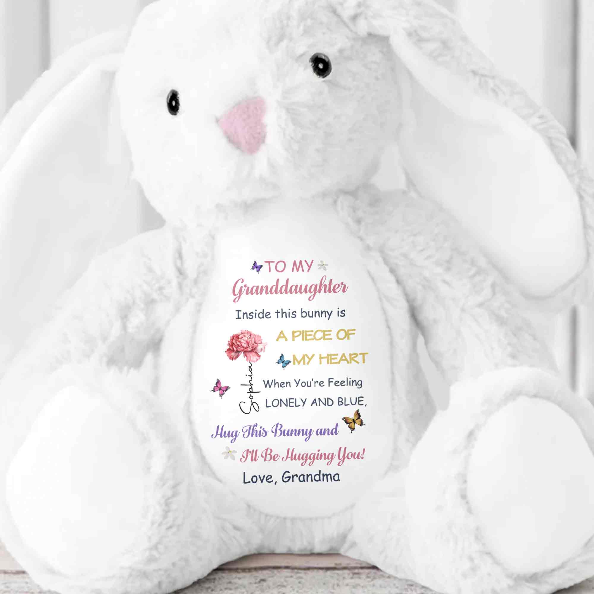 To My Granddaughter Inside This Bunny Is A Piece Of My Heart Flower Butterfly - Personalized Stuffed Bunny - GDT625_BUN