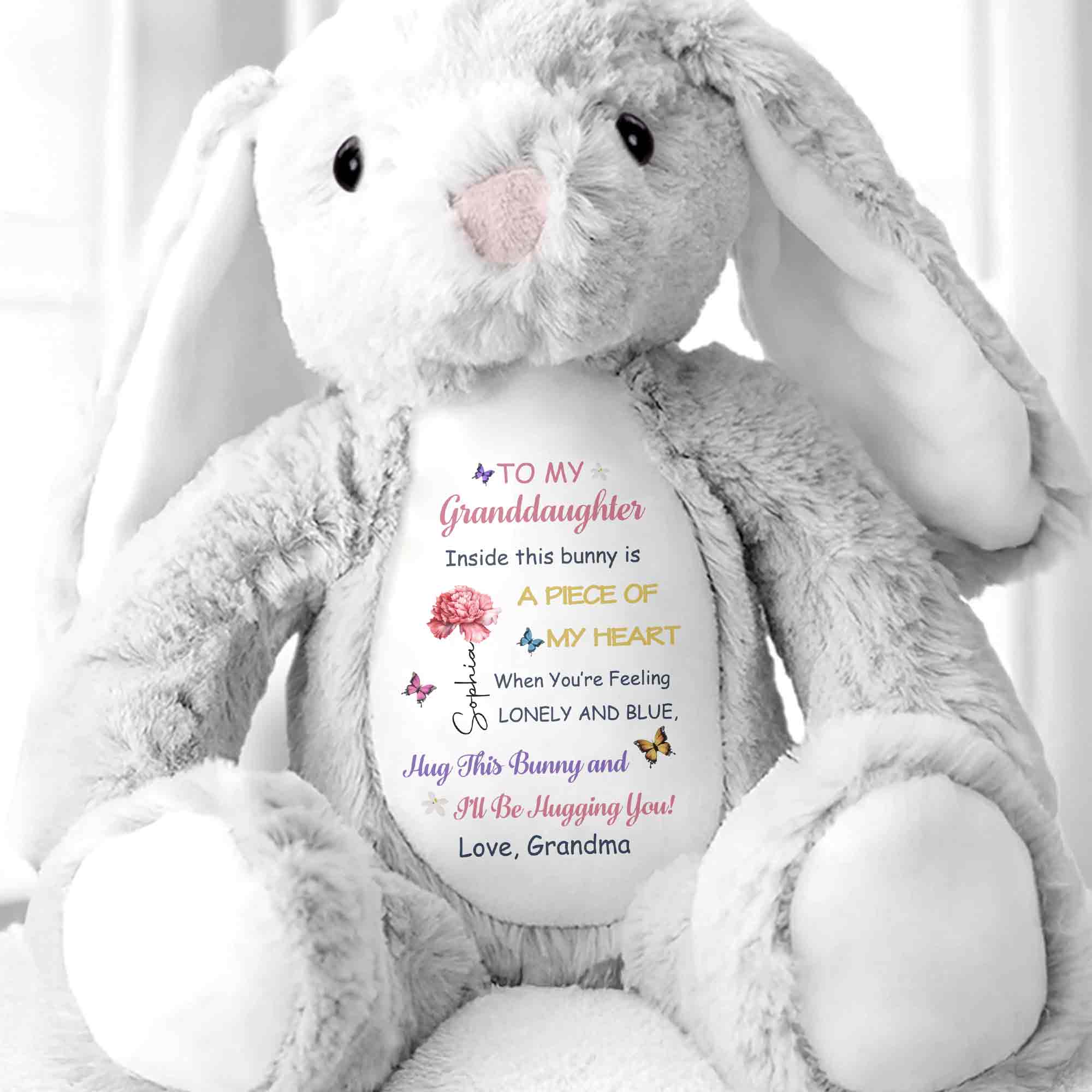 To My Granddaughter Inside This Bunny Is A Piece Of My Heart Flower Butterfly - Personalized Stuffed Bunny - GDT625_BUN