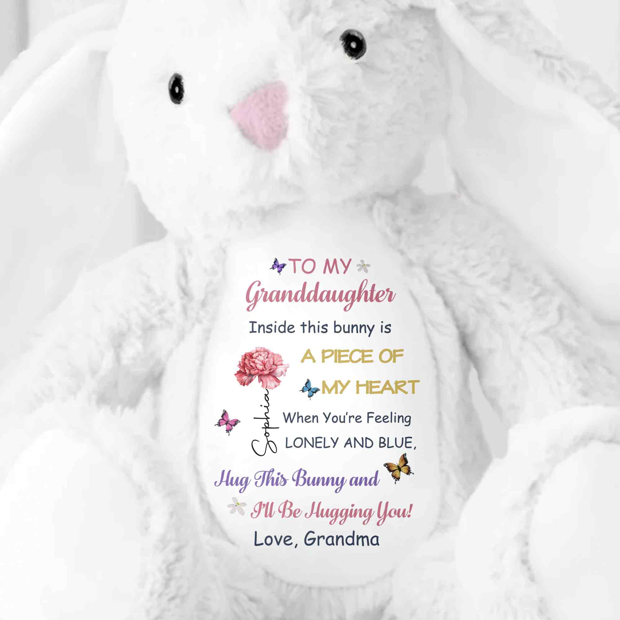 To My Granddaughter Inside This Bunny Is A Piece Of My Heart Flower Butterfly - Personalized Stuffed Bunny - GDT625_BUN