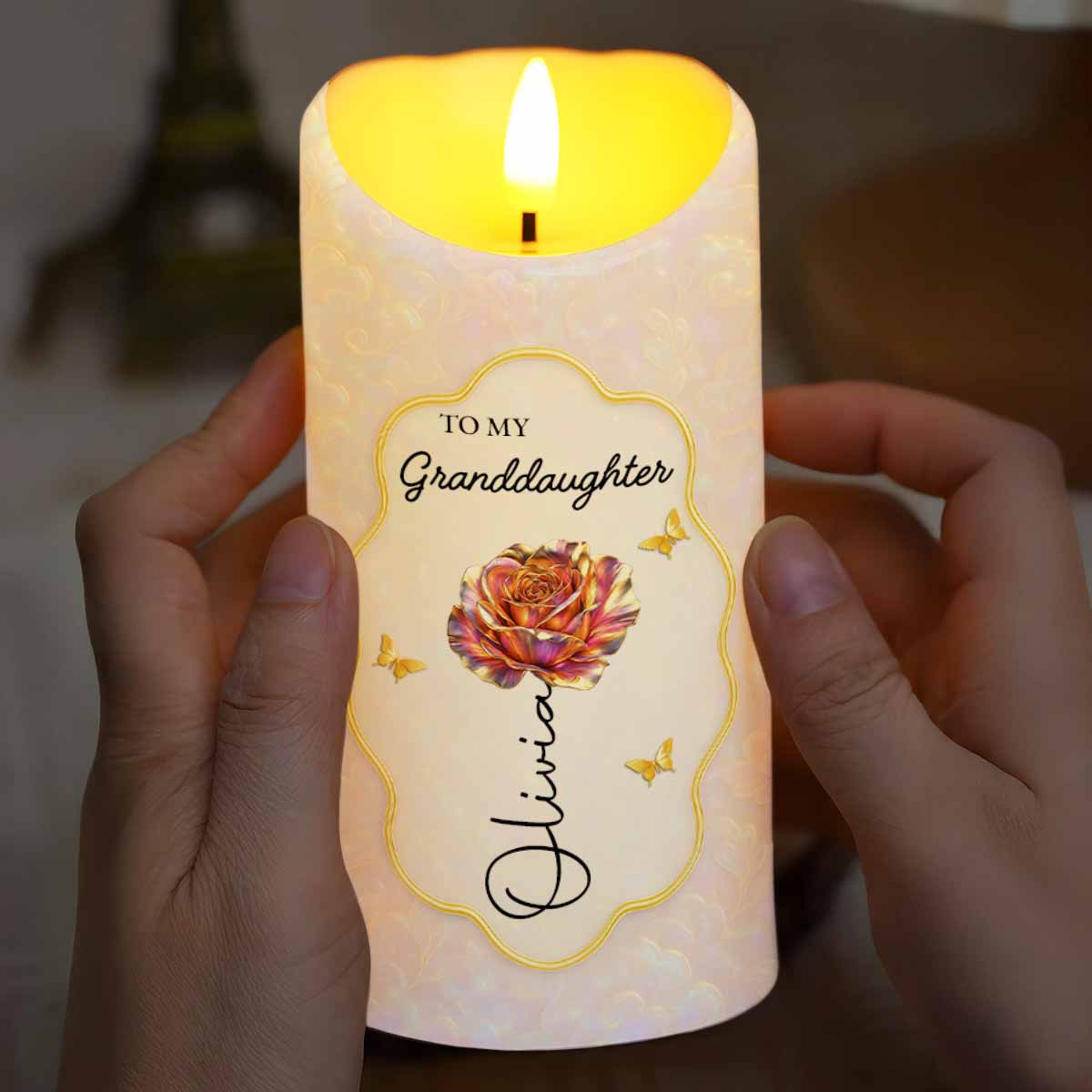 To My Granddaughter Never Forget That I Love You Flower Butterfly - Personalized Custom LED Candle - GDT625_LECA