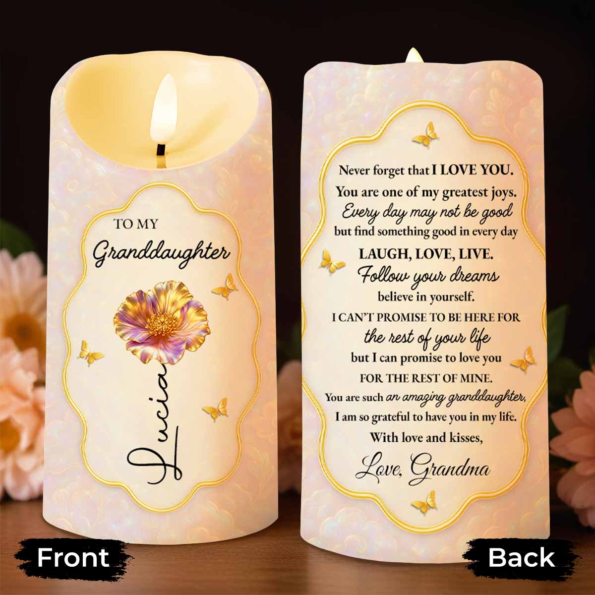 To My Granddaughter Never Forget That I Love You Flower Butterfly - Personalized Custom LED Candle - GDT625_LECA